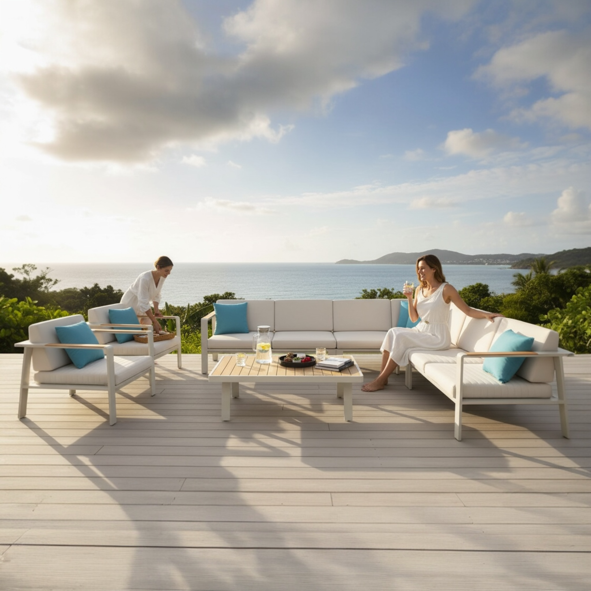 Grand salon de jardin moderne  de luxe en aluminium et bois teck - NOFFY COSY PLUS