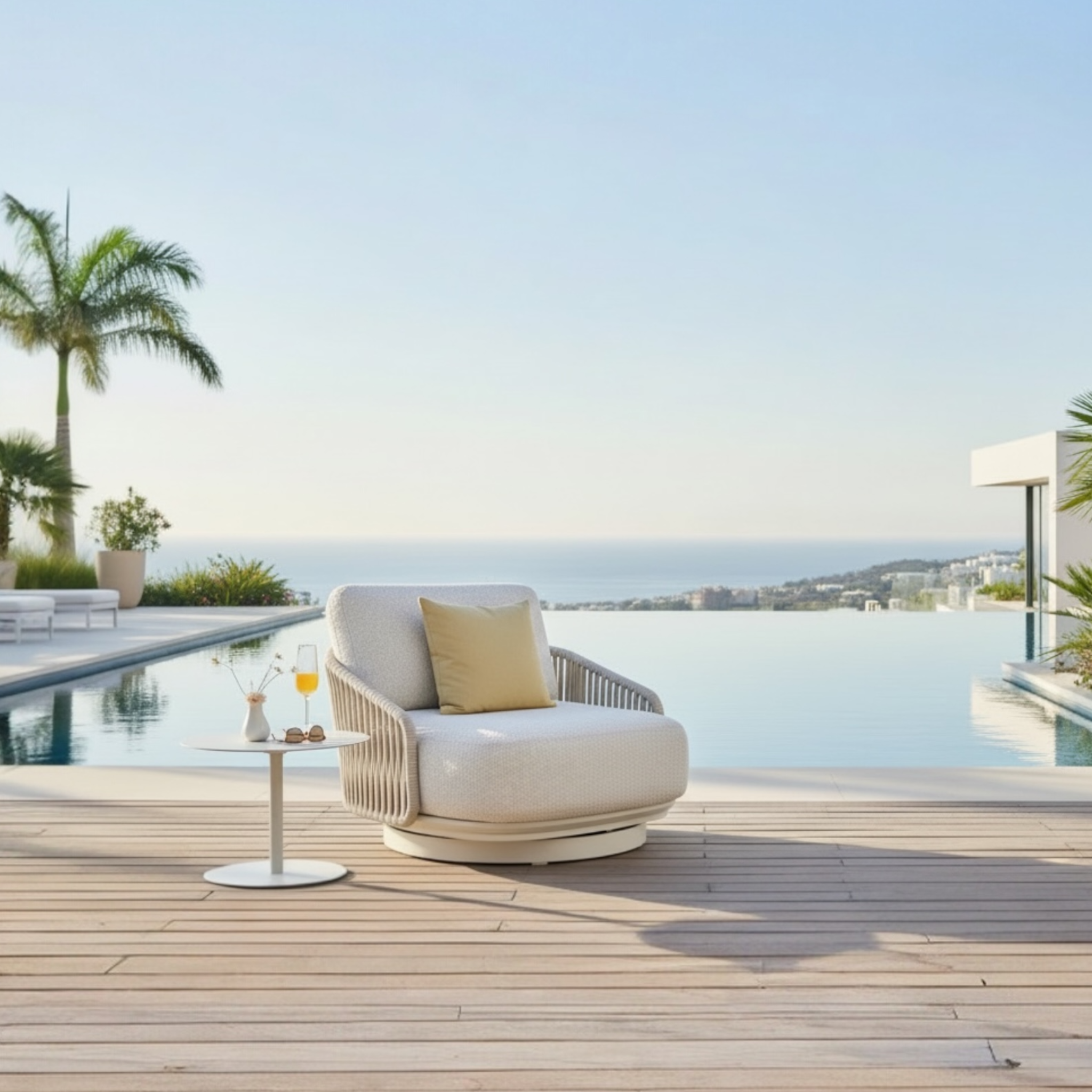 Fauteuil pivotant en aluminium et corde AURA BEIGE