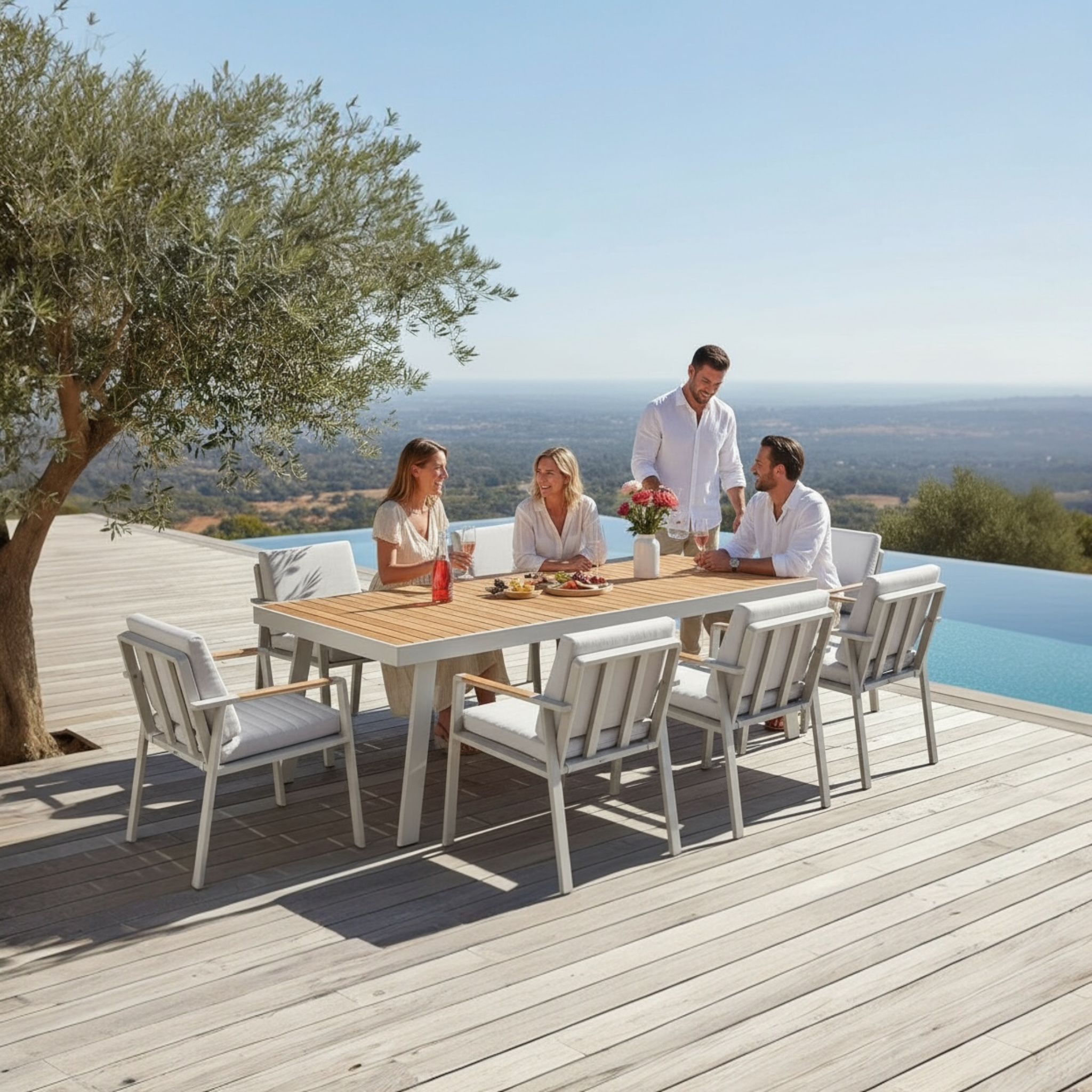 Ensemble repas jardin aluminium et bois teck 8 places haut de gamme - NOFFY