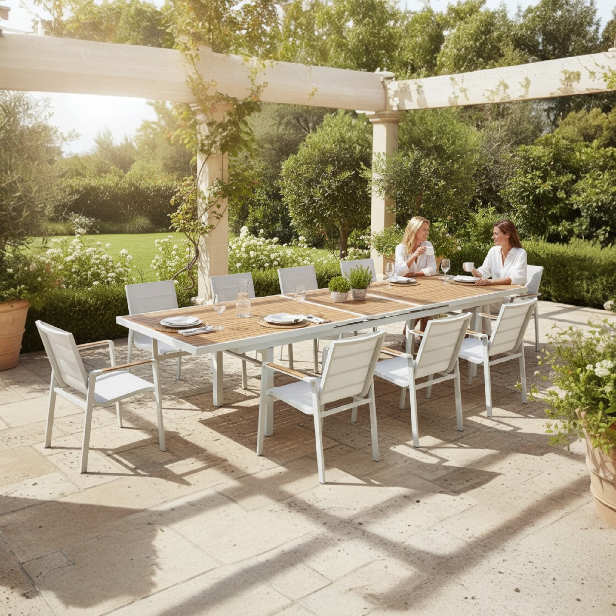 Ensemble repas extensible en aluminium et en teck - NOFFY BEIGE 10PLACES