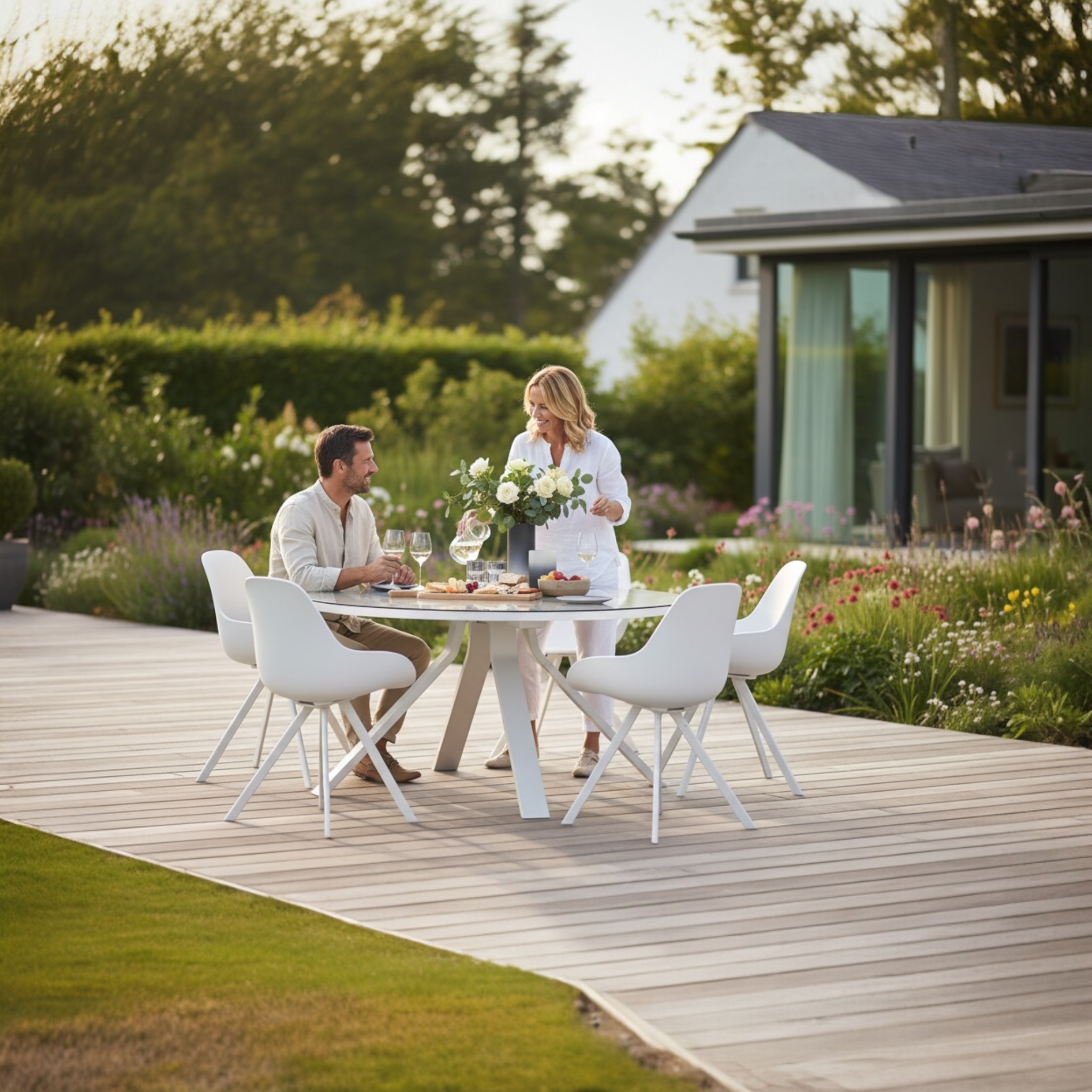 Table ronde en aluminium blanc avec plateau verre - MONDO