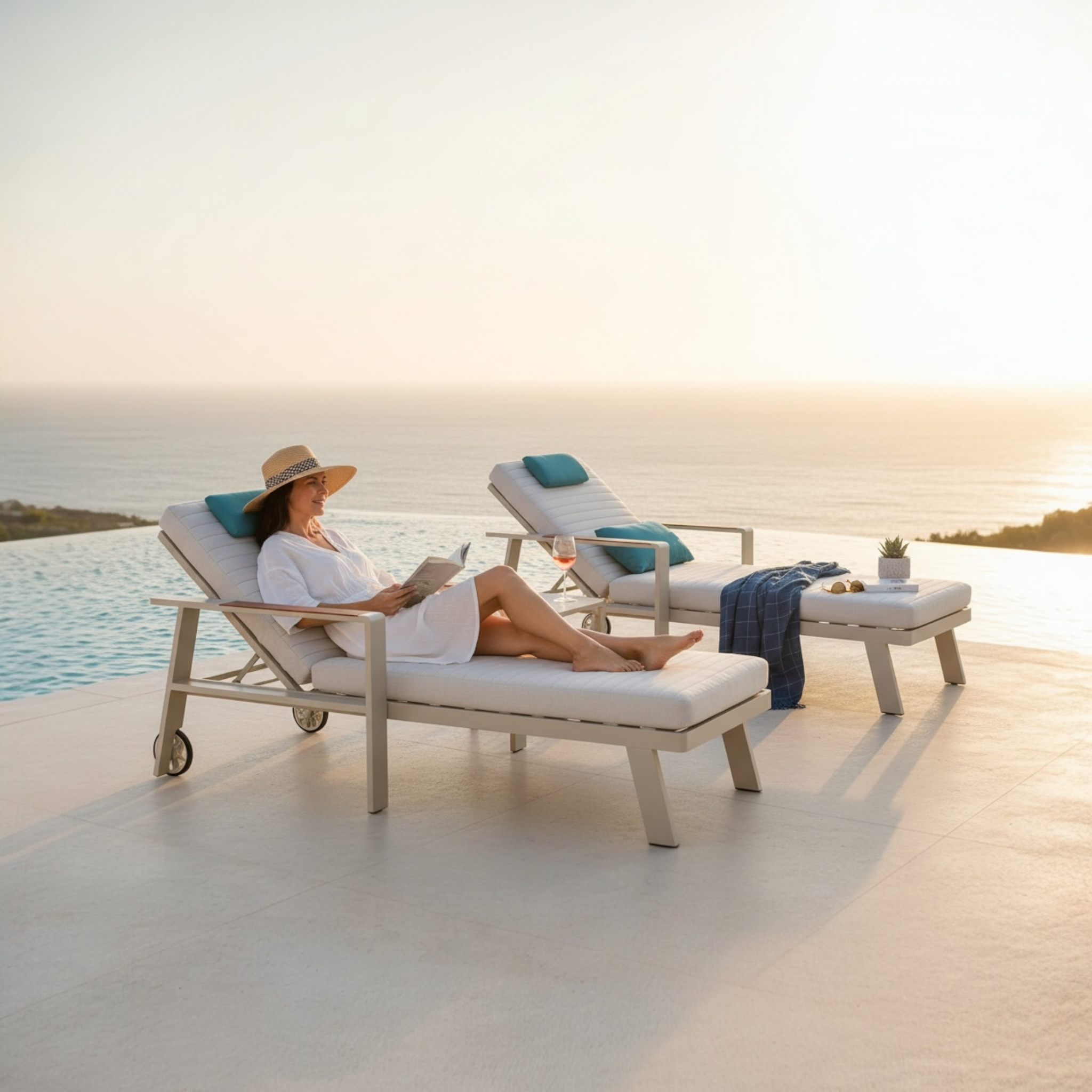 Bain de soleil aluminium avec roulette - NOFFY Beige