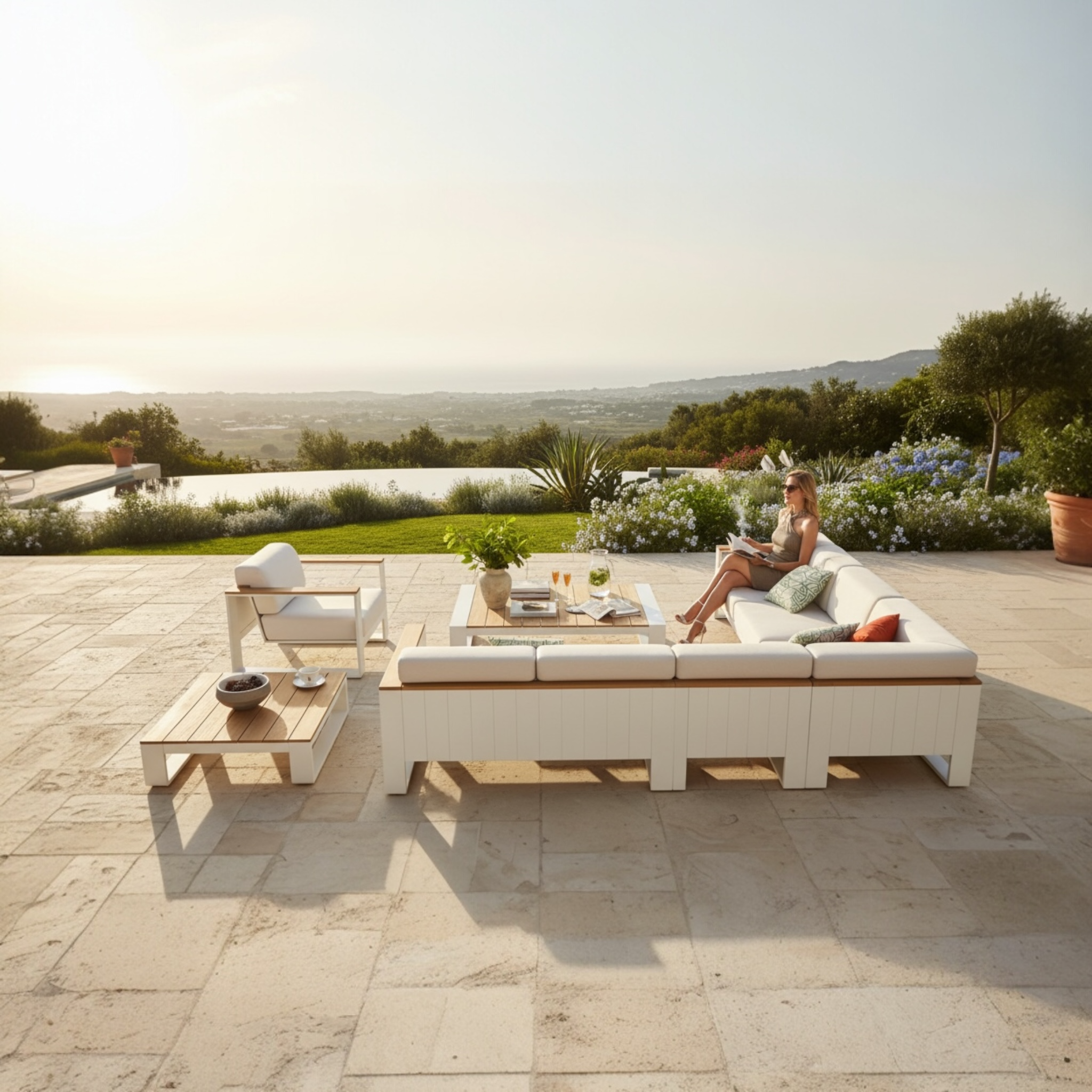 Salon de jardin d'angle en aluminium blanc haut de gamme - SOFY BLANC