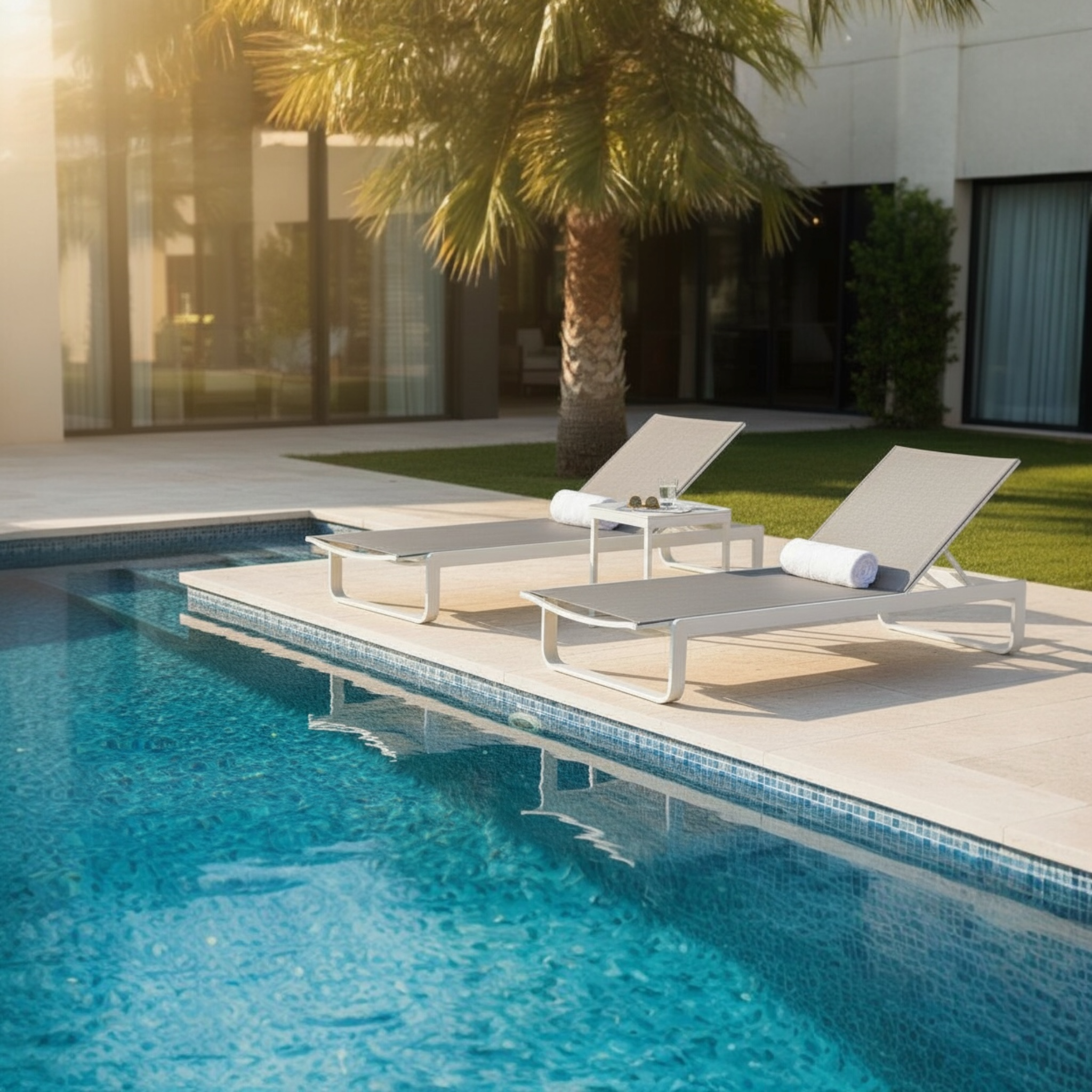 Duo de bains de soleil en aluminium + table basse - ROMY