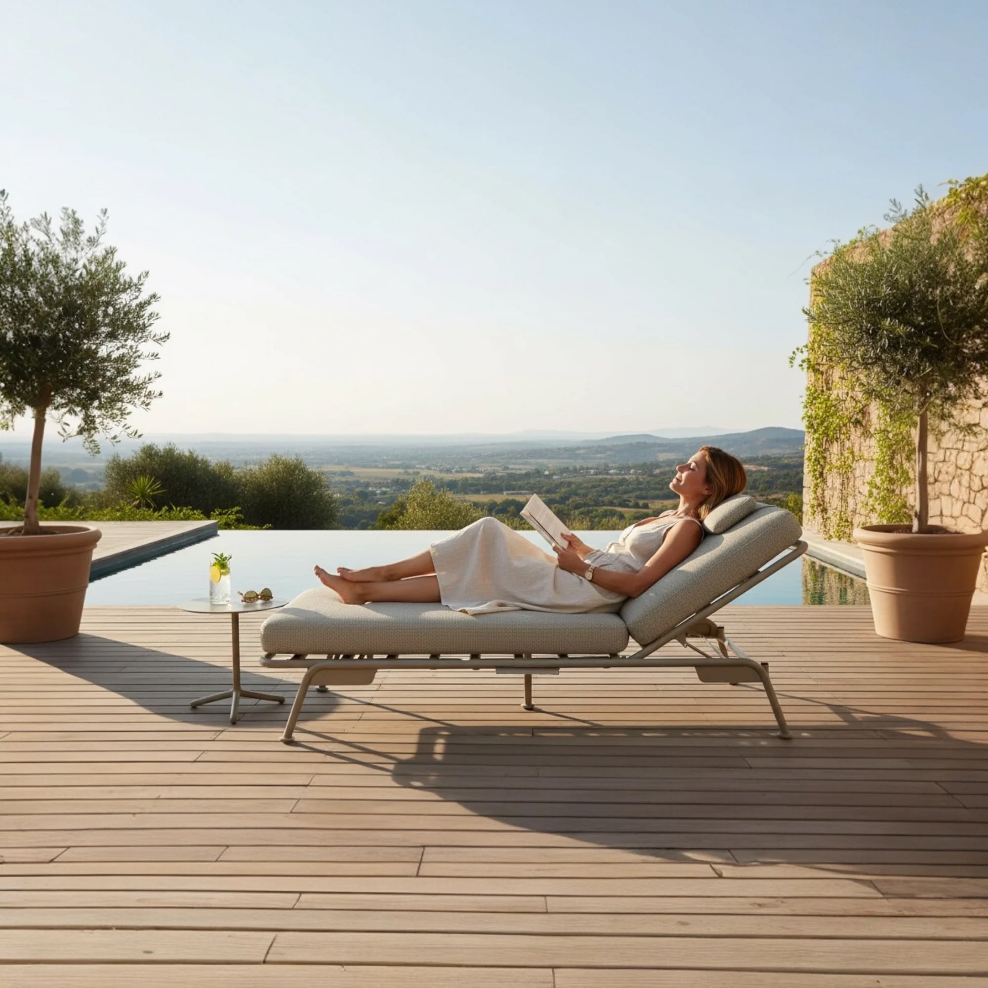 Bain de soleil modulable Sunny en aluminium beige, design belge, coussins gris, élégant et durable, ambiance méditerranéenne.