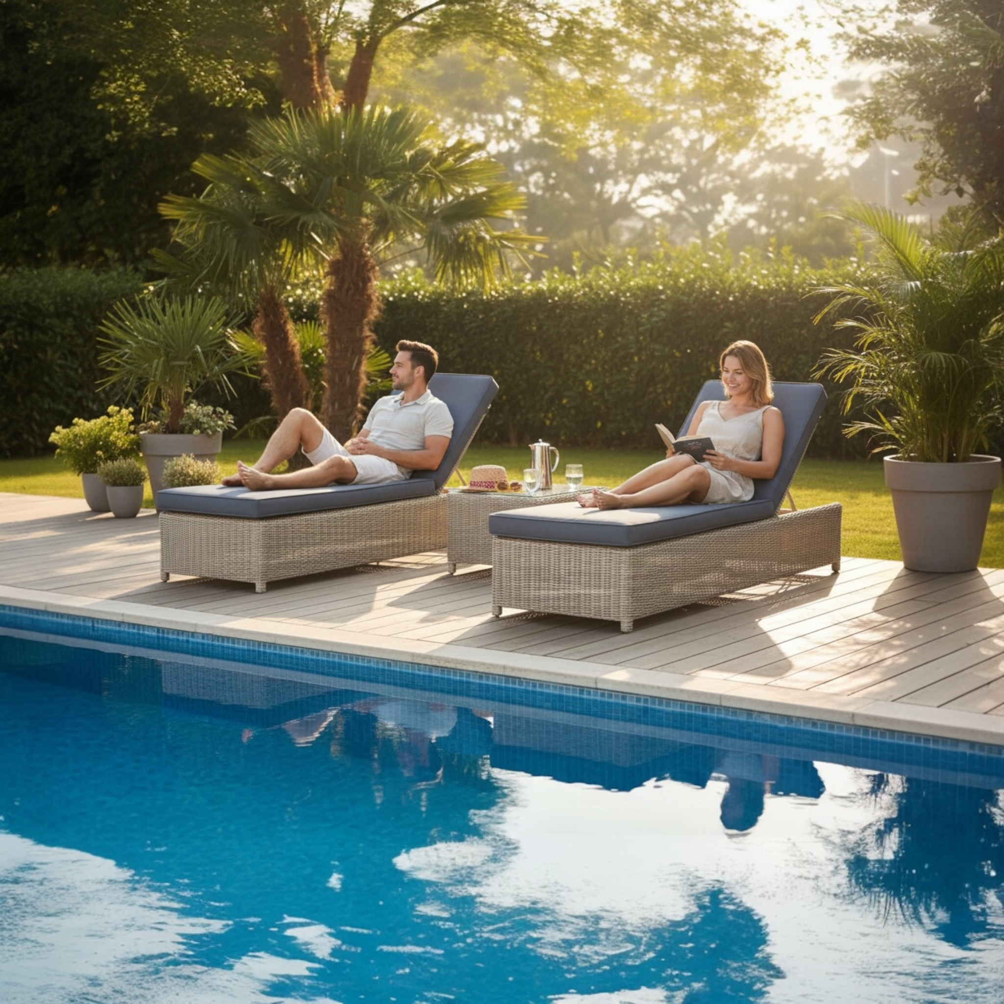 Duo lit de piscine dune couleur osier et coussin gris