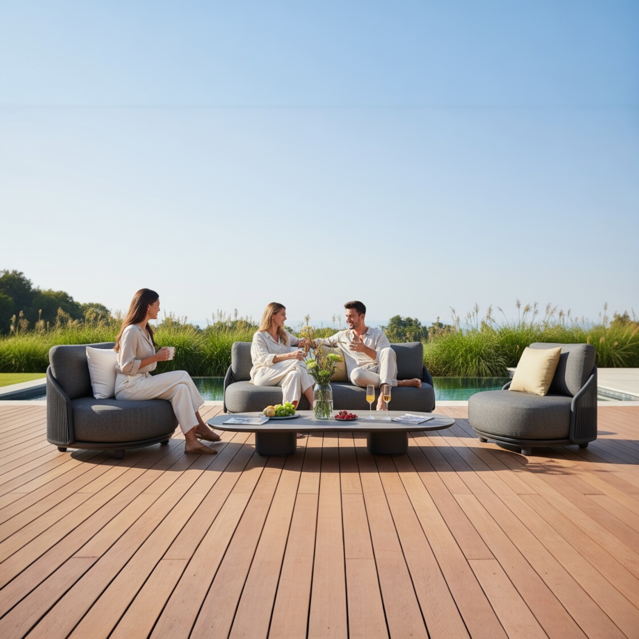 Salon bas de jardin aura noir en alu et corde avec grande table basse. 