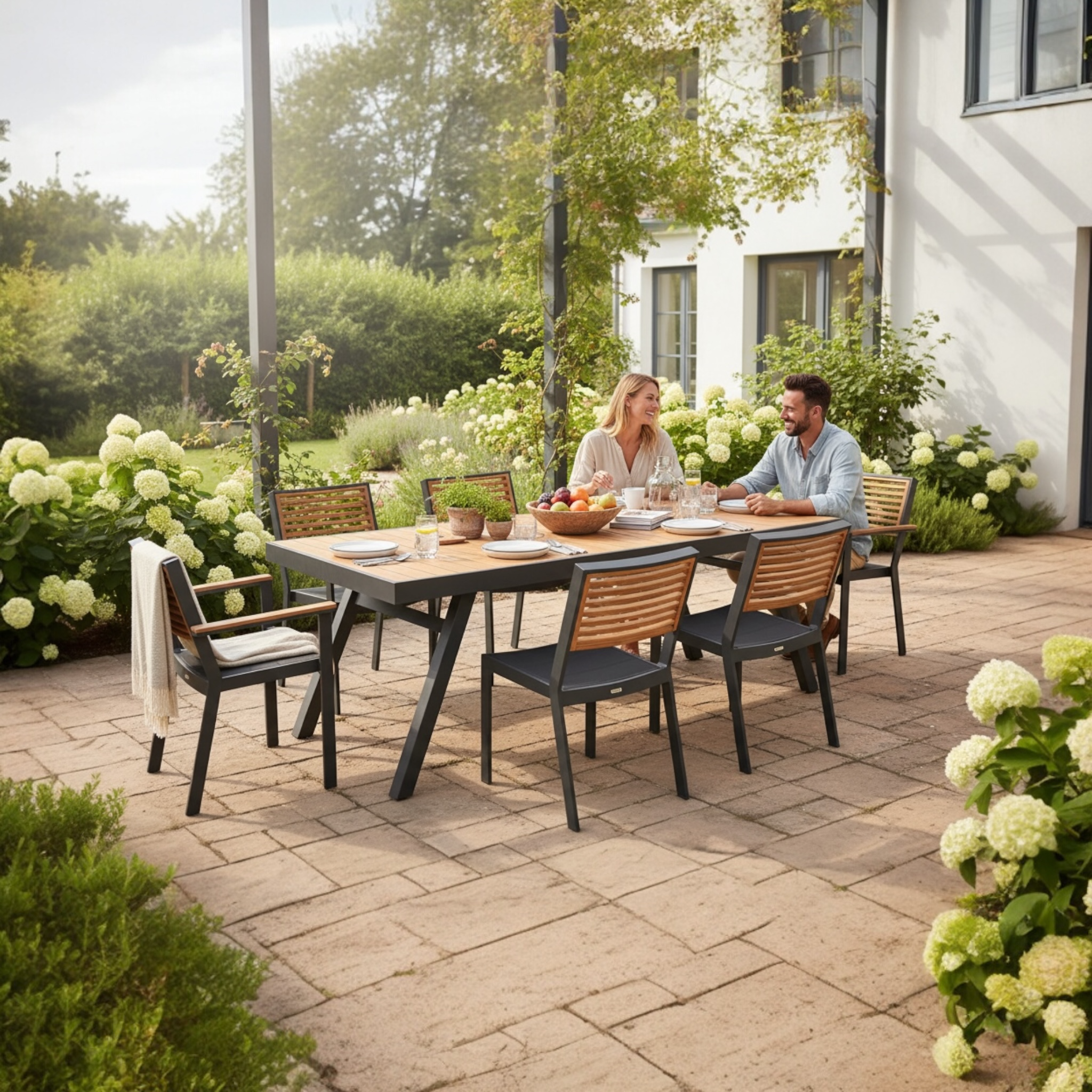 Table et chaises de  jardin 6 places en alu noir york