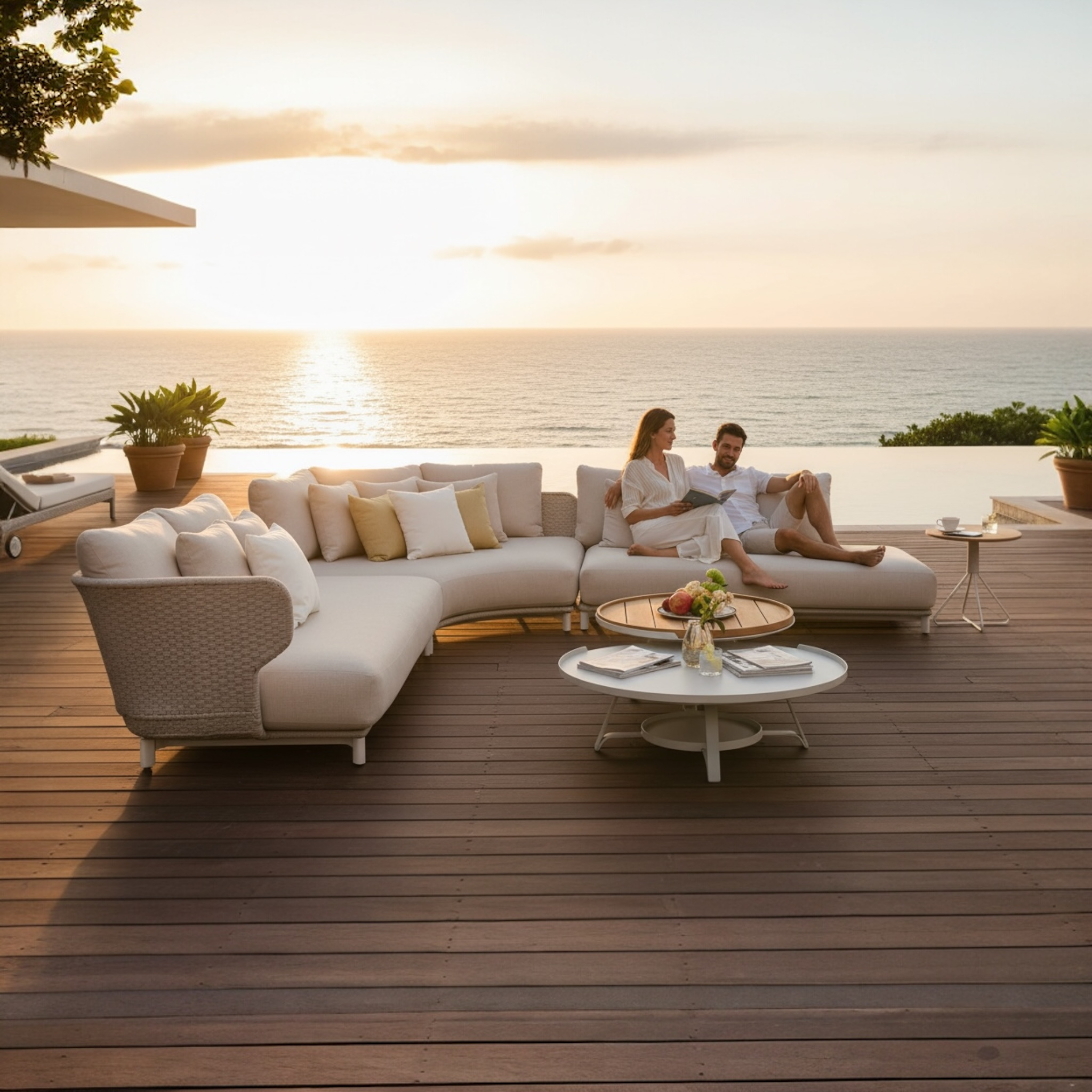 Salon bas de jardin en alu et teck design de haute qualité