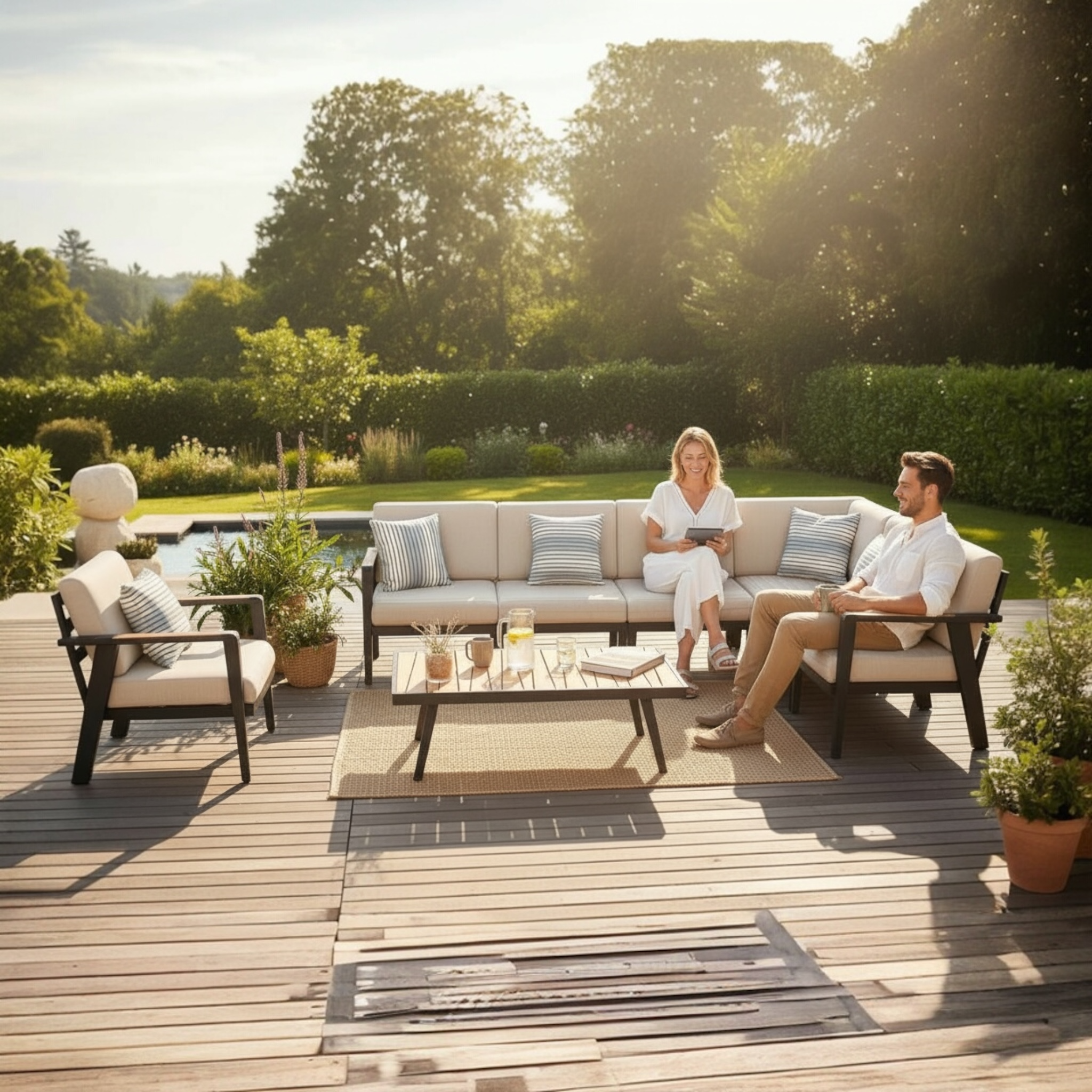 Salon de jardin d'angle en aluminium et en teck - LOVY COSY PLUS