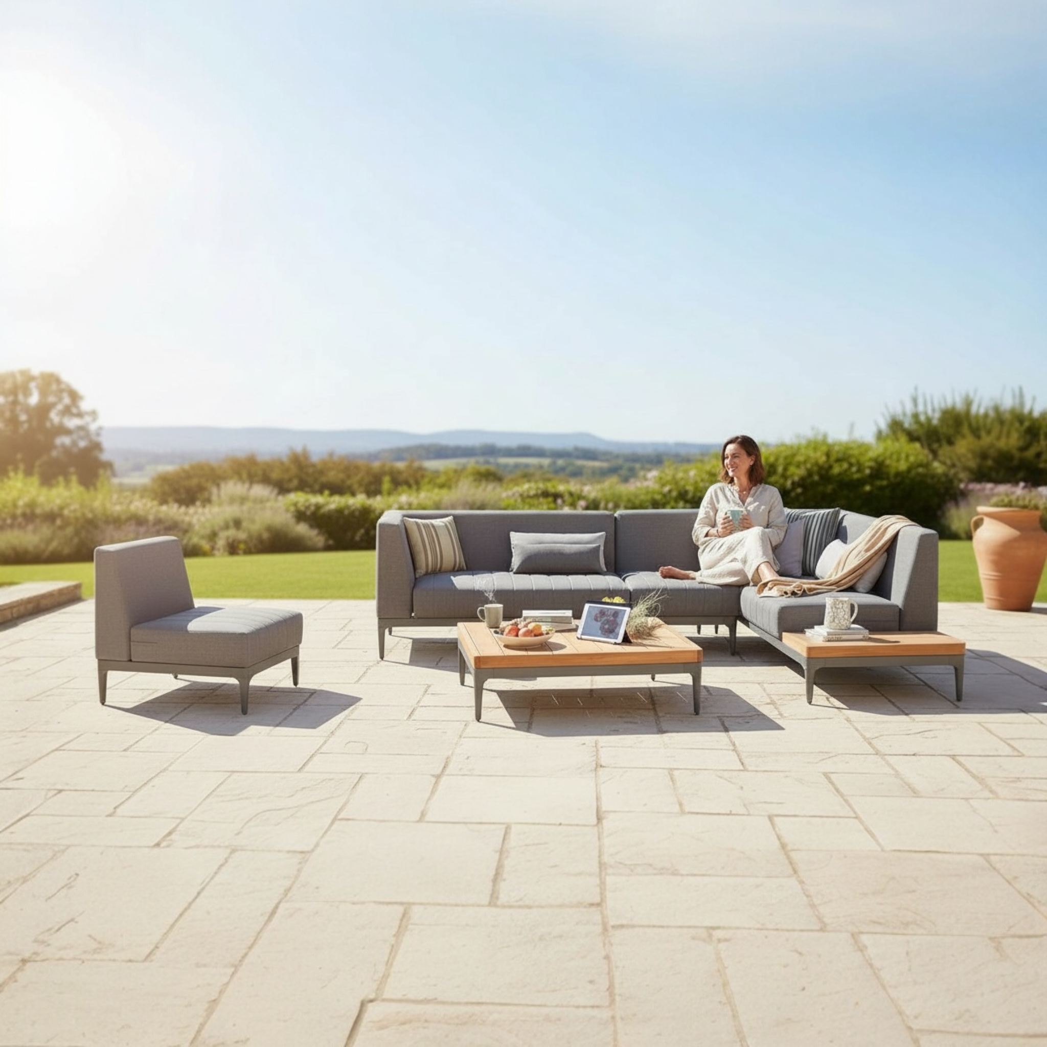 Salon de jardin d'angle design en aluminium et en teck - SIRA MINI