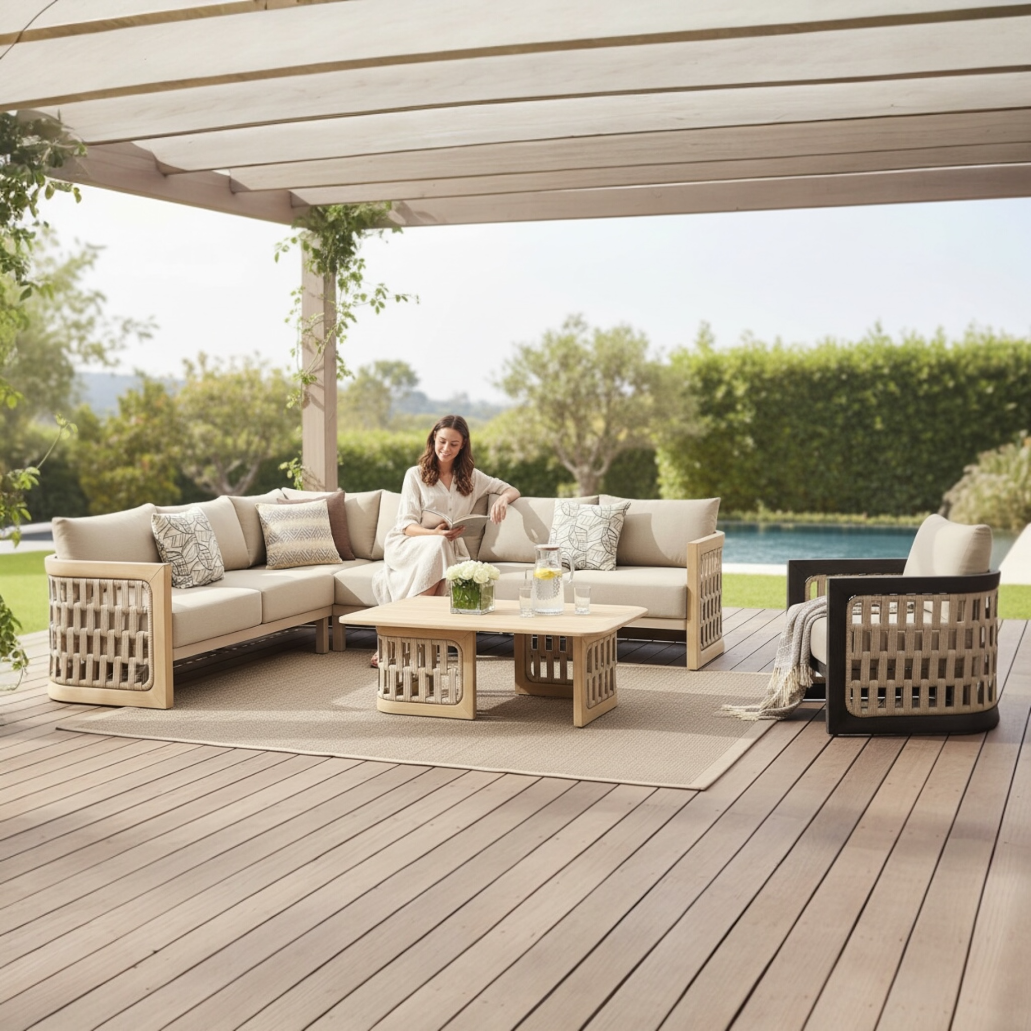 Mobilier de jardin luxe en teck et en corde - PALMA ANGLE