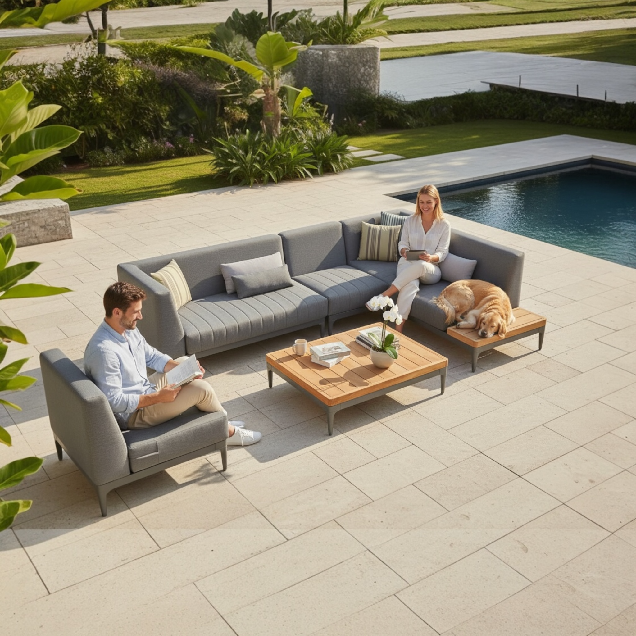 Salon de jardin d'angle design en aluminium et en teck - SIRA MINI