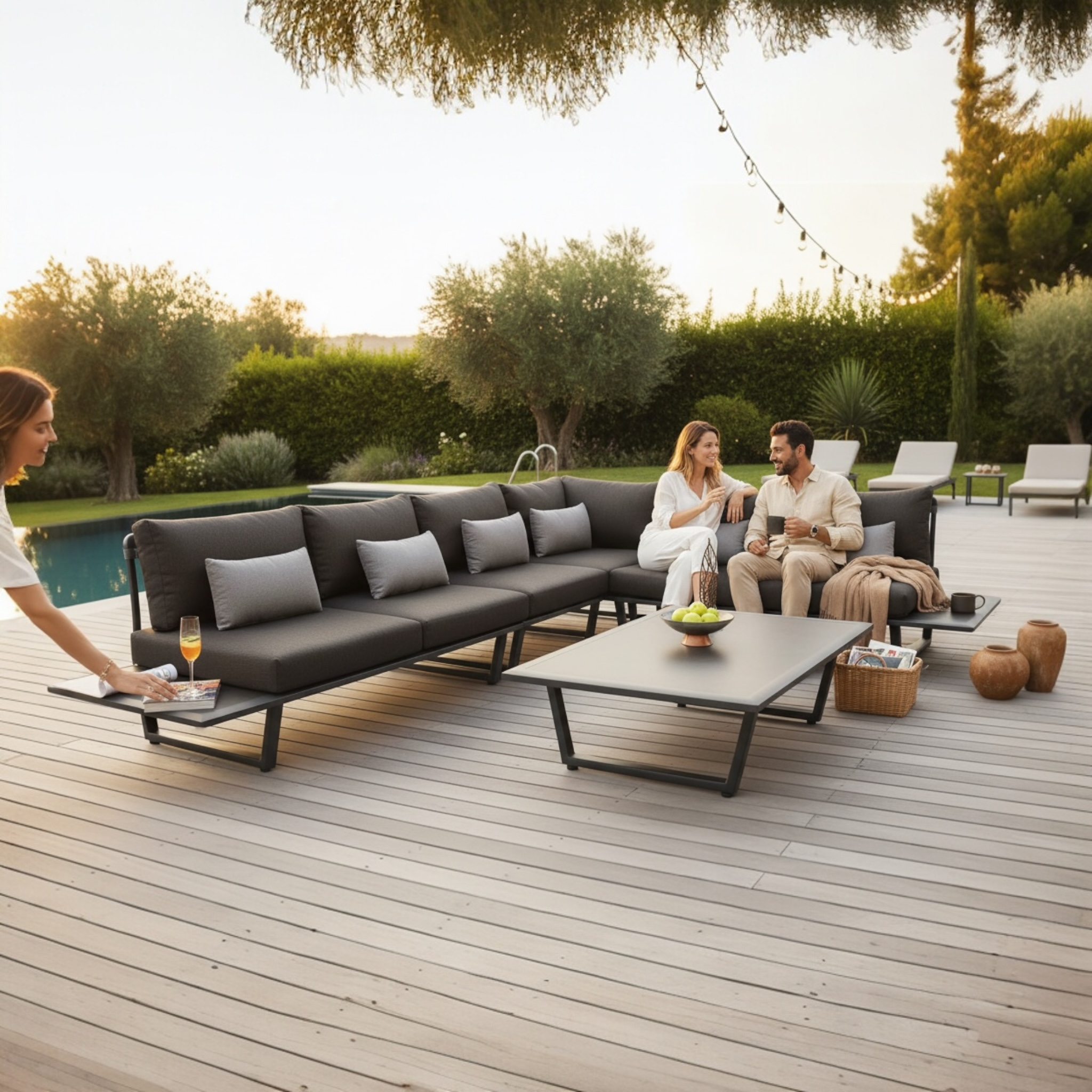 Salon de jardin haut de gamme en aluminium et corde 6 places - SOPHIA GRIS