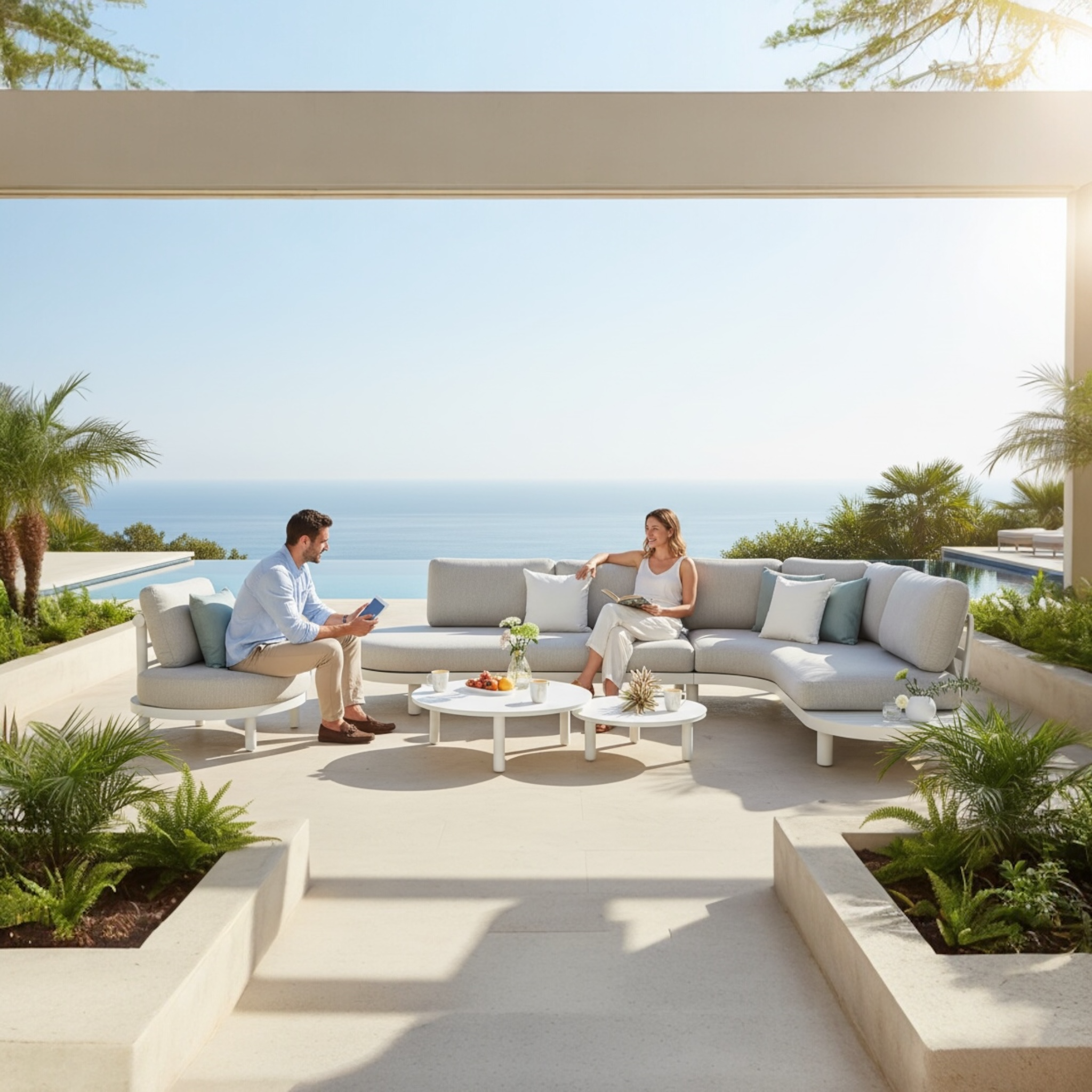 Canapé de jardin design en alu blanc ALBA avec ou sans fauteuil