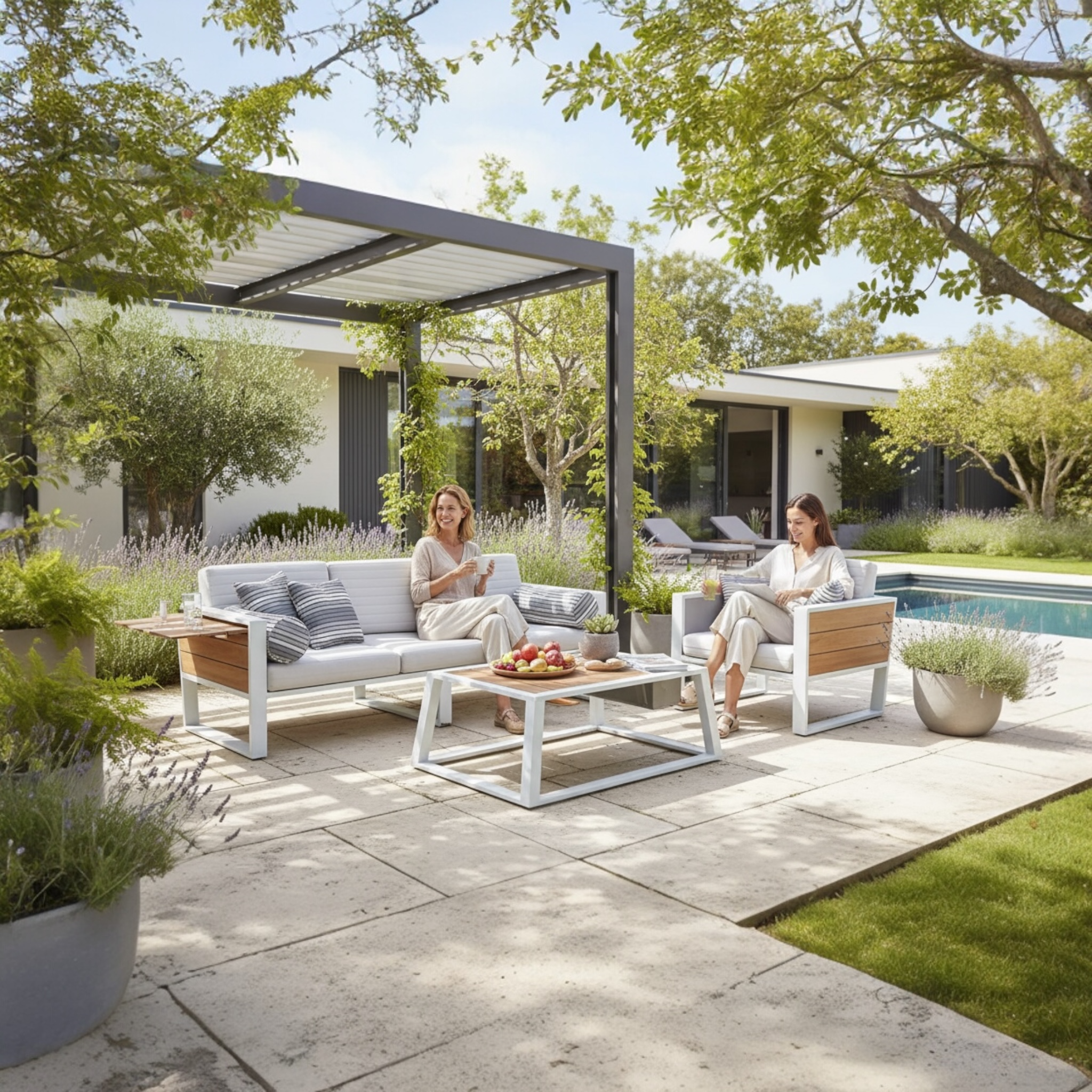 Salon de jardin en aluminium et teck design haute qualité avec coussin confortable  York