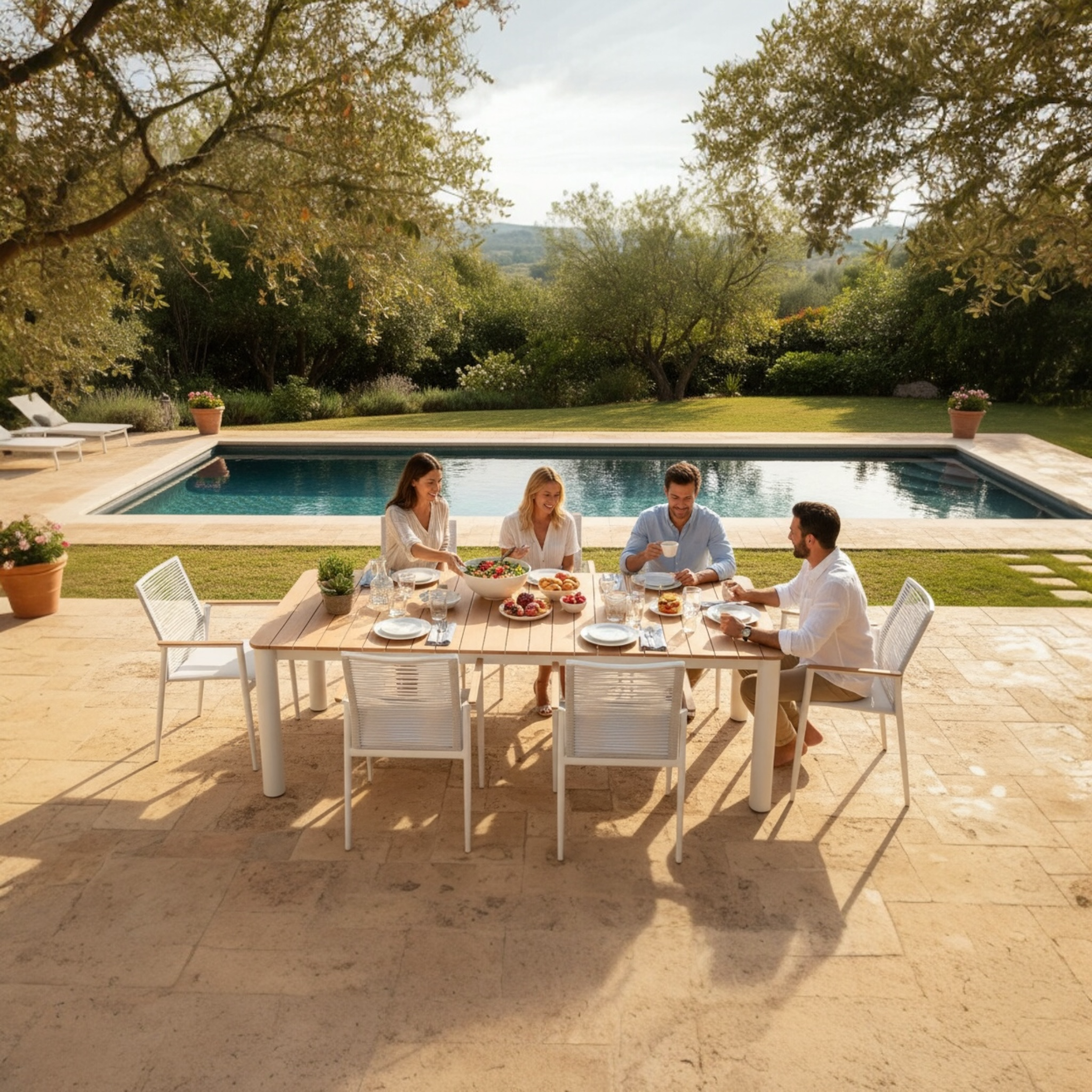Table repas extérieur design en aluminium - avec plateau en teck - APRIL