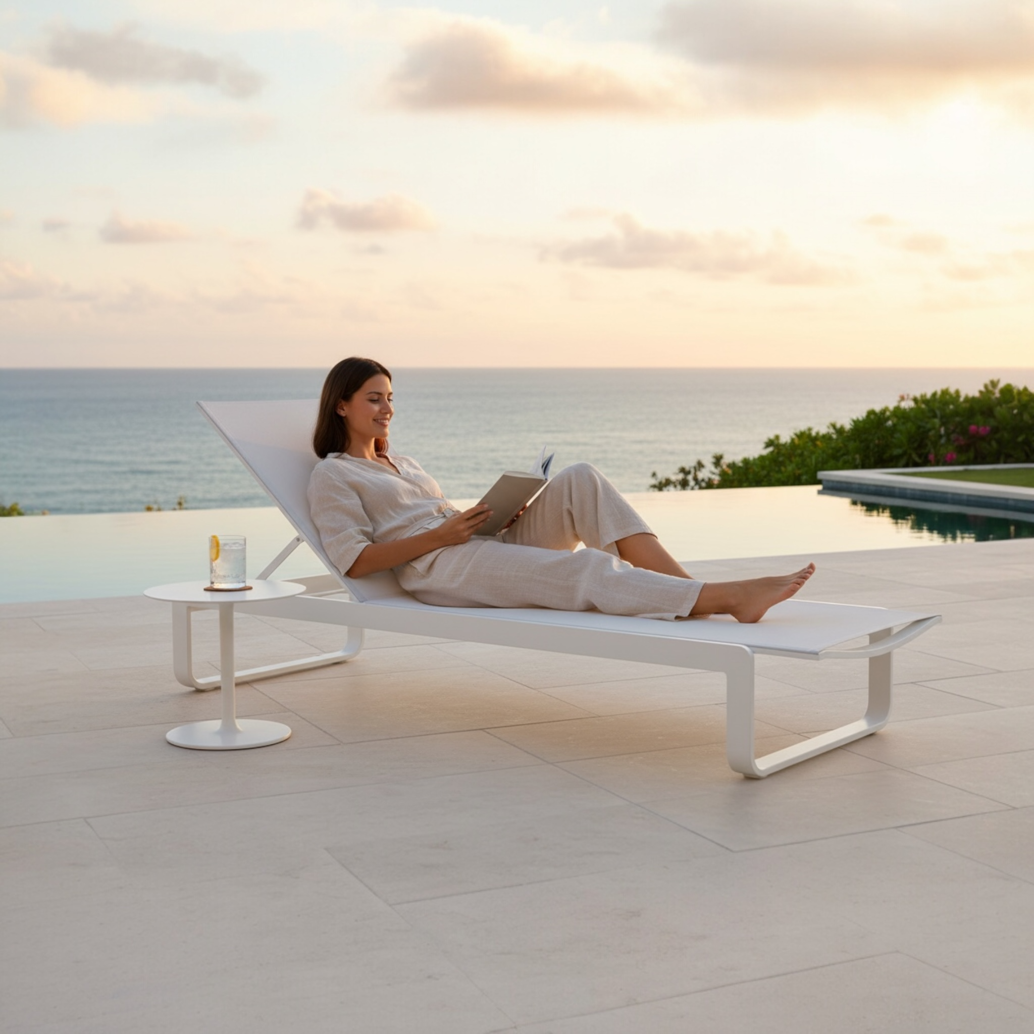 Bain de soleil en aluminium - ROMY toile blanche