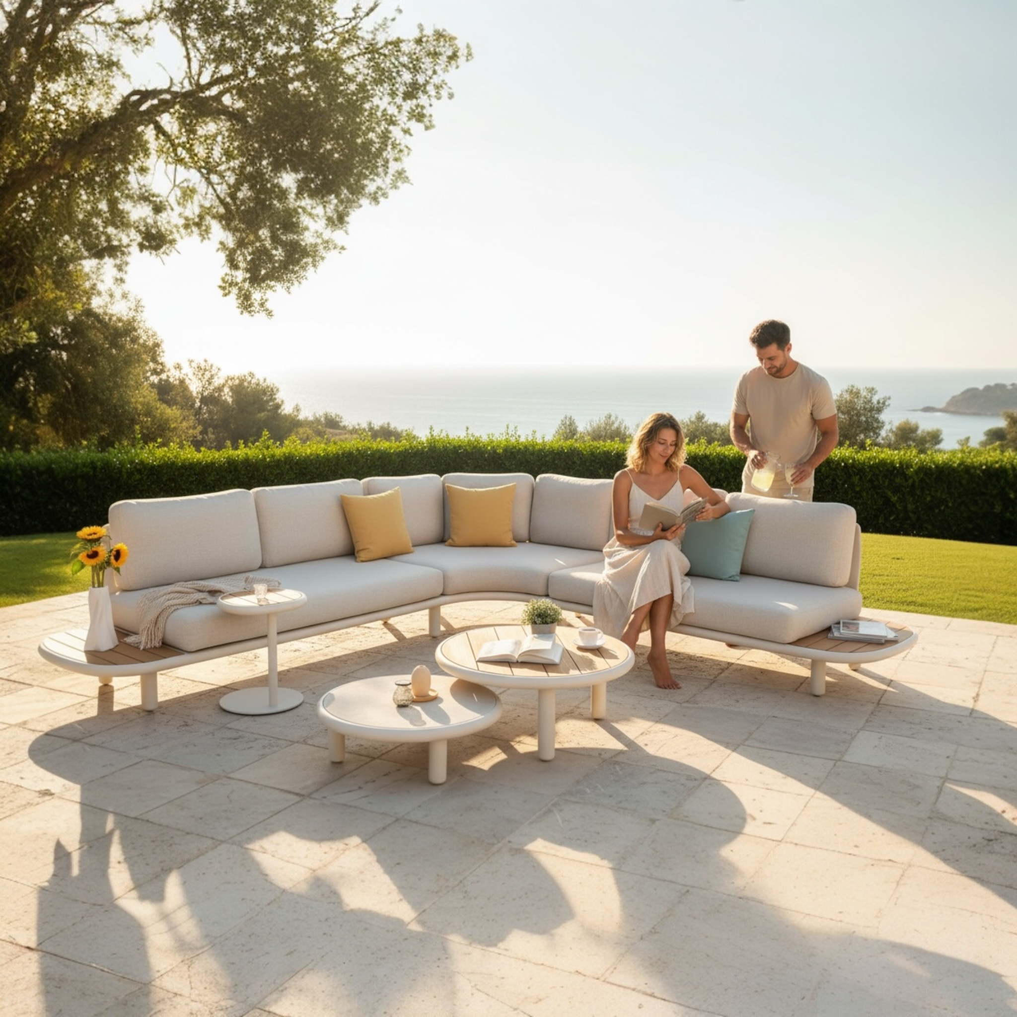 Salon de jardin d'angle haut de gamme en aluminium et teck - SANKA