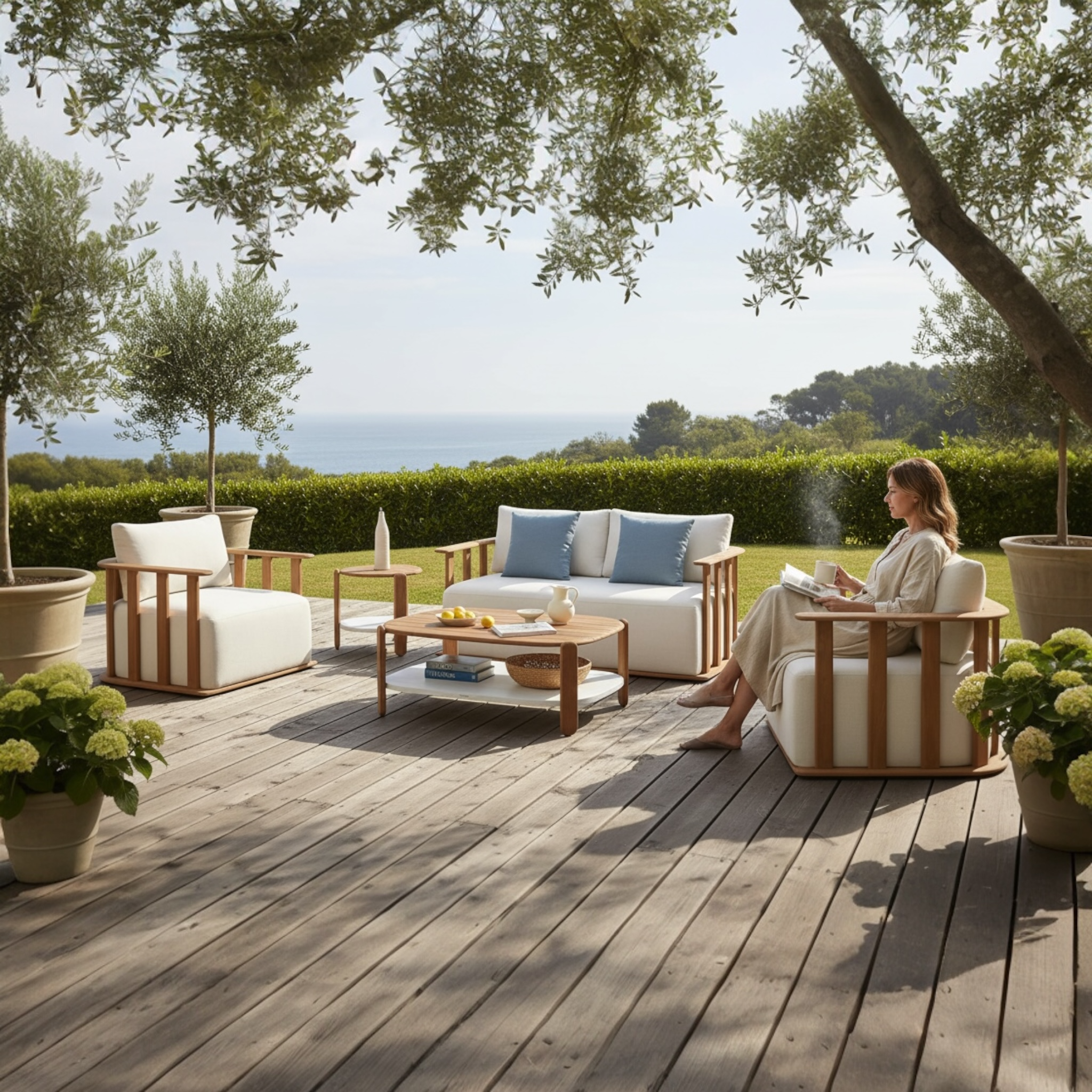 Salon de jardin 4 places en teck massif FSC, design italien, coussins en tissu acrylique déperlant et housse déhoussable.