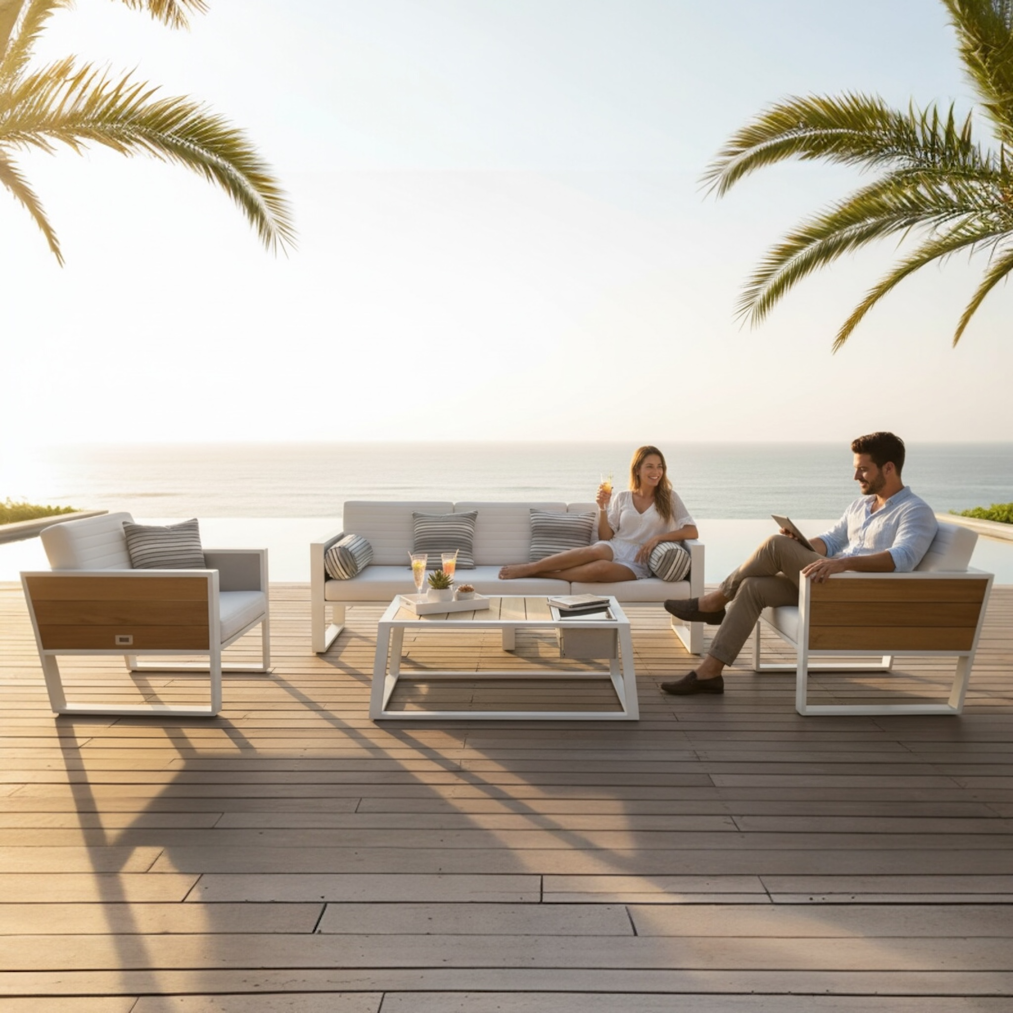 Salon bas de jardin en alu et teck avec coussin blanc de qualité - York Blanc