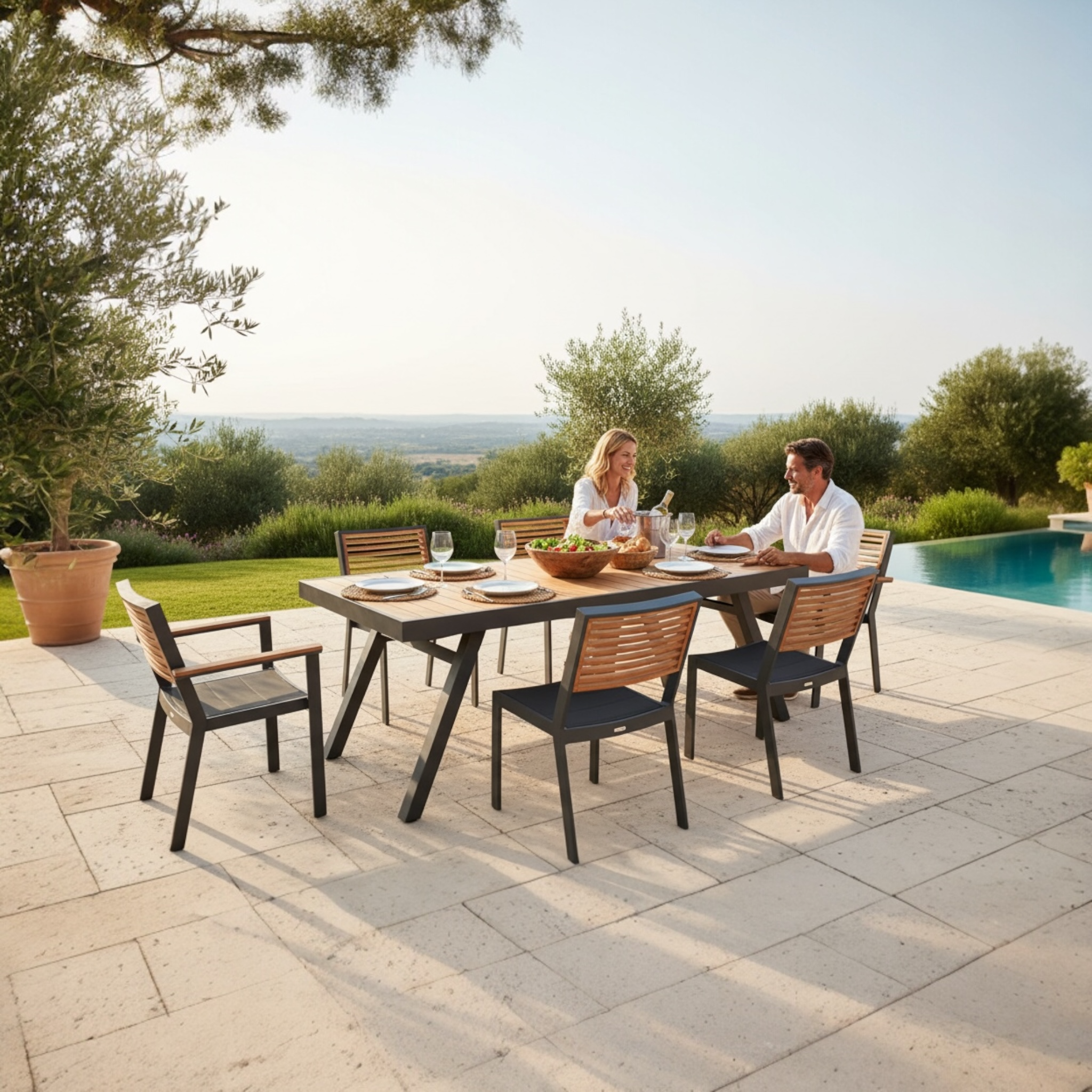 Ensemble repas jardin aluminium et en teck 200X90cm - YORK NOIR