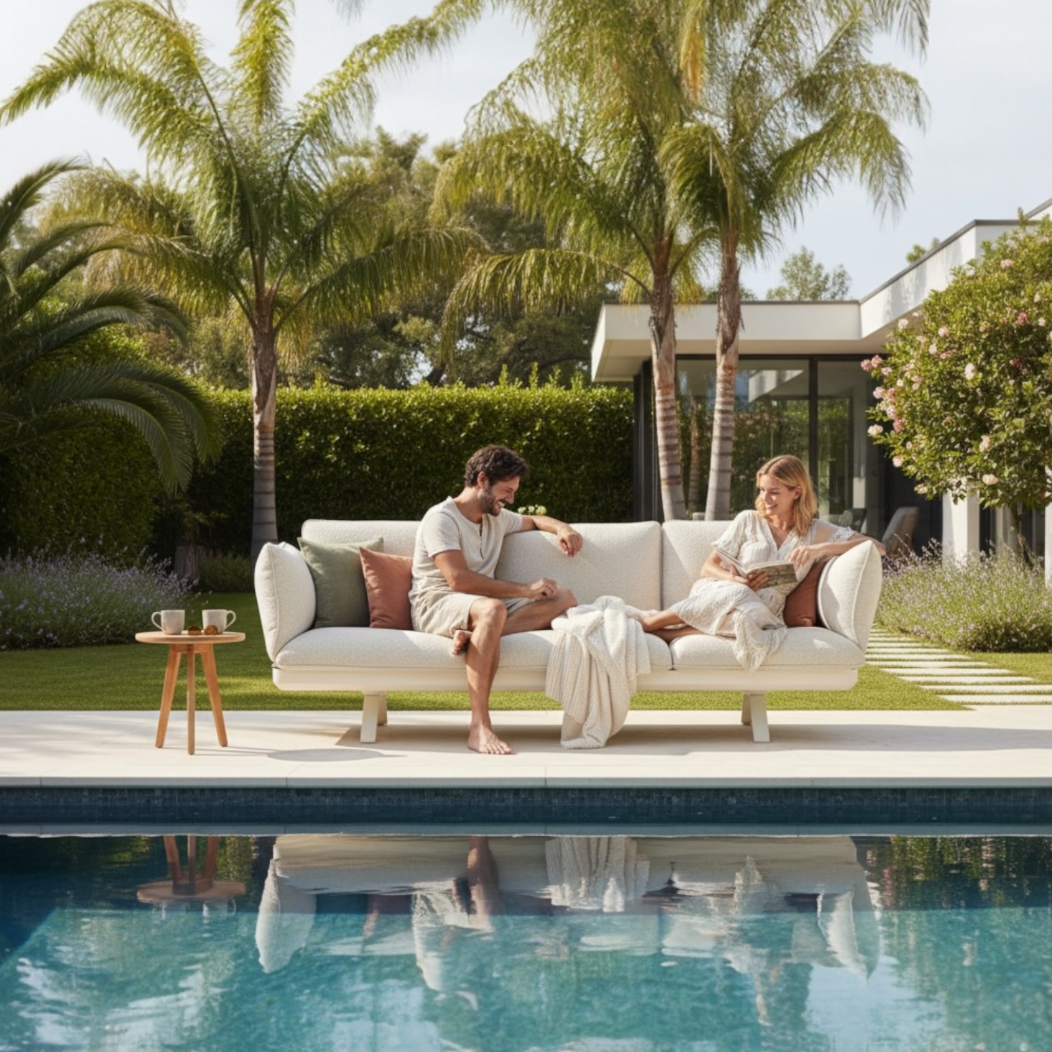 Canapé 3 places de jardin / bain de soleil en aluminium haut de gamme - CAMILLE