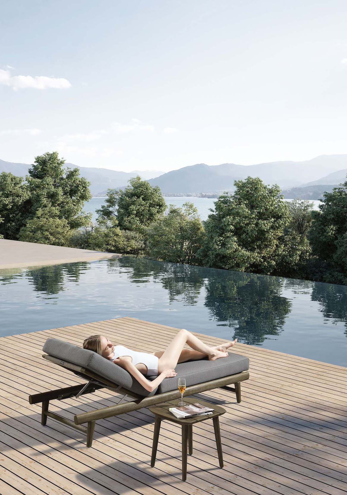 Bain de soleil luxueux en teck FSC avec assise en mousse Quick Dry Foam, corde tressée élégante et table d'appoint assortie.