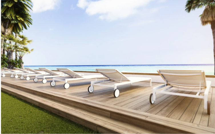 Duo de bains de soleil en aluminium haut de gamme avec textilène beige, cadre peint en époxy blanc, roulettes noires, table.