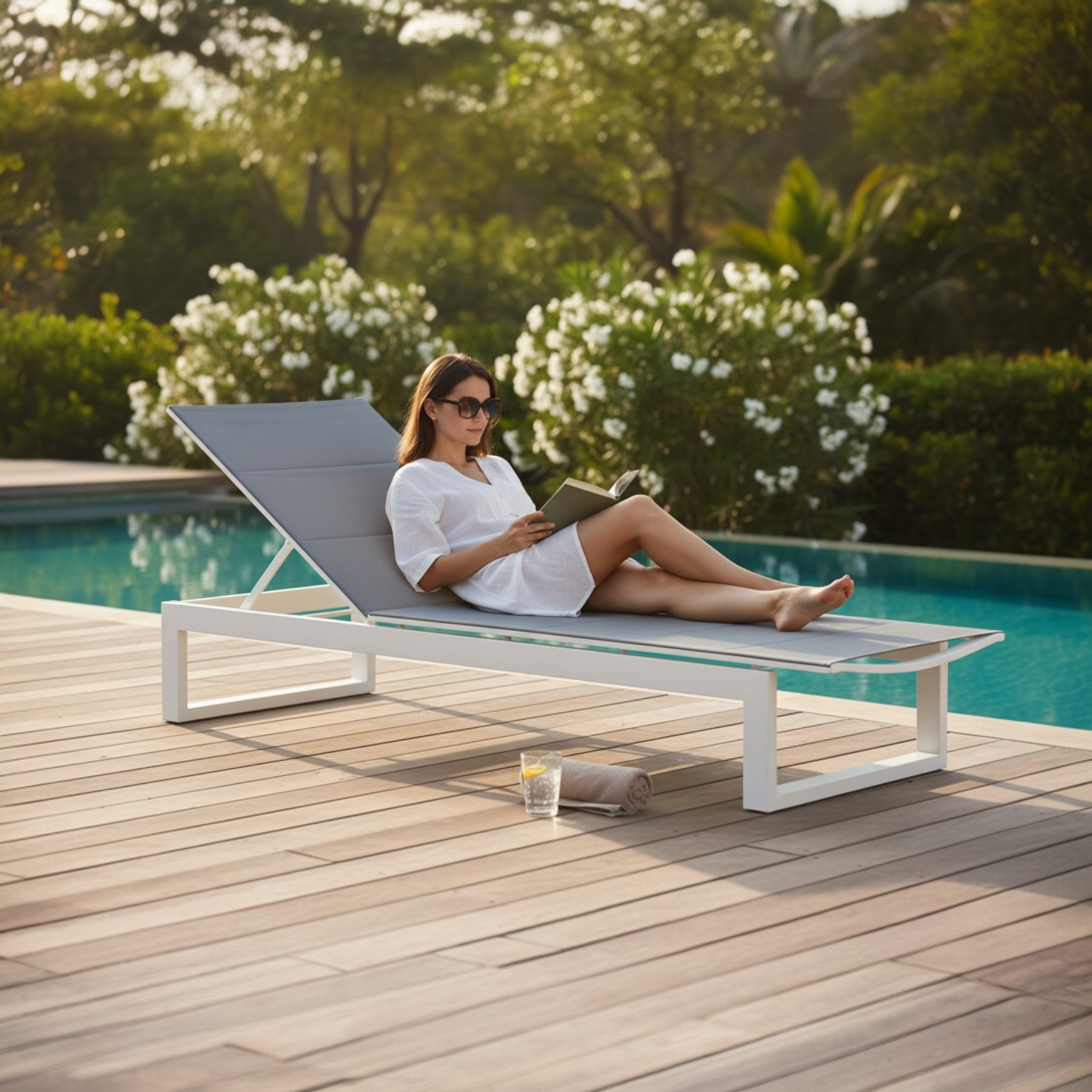 Bain de soleil COMO en aluminium haut de gamme gris anthracite avec tissu 100% oléfine, housse déperlante et déhoussable.