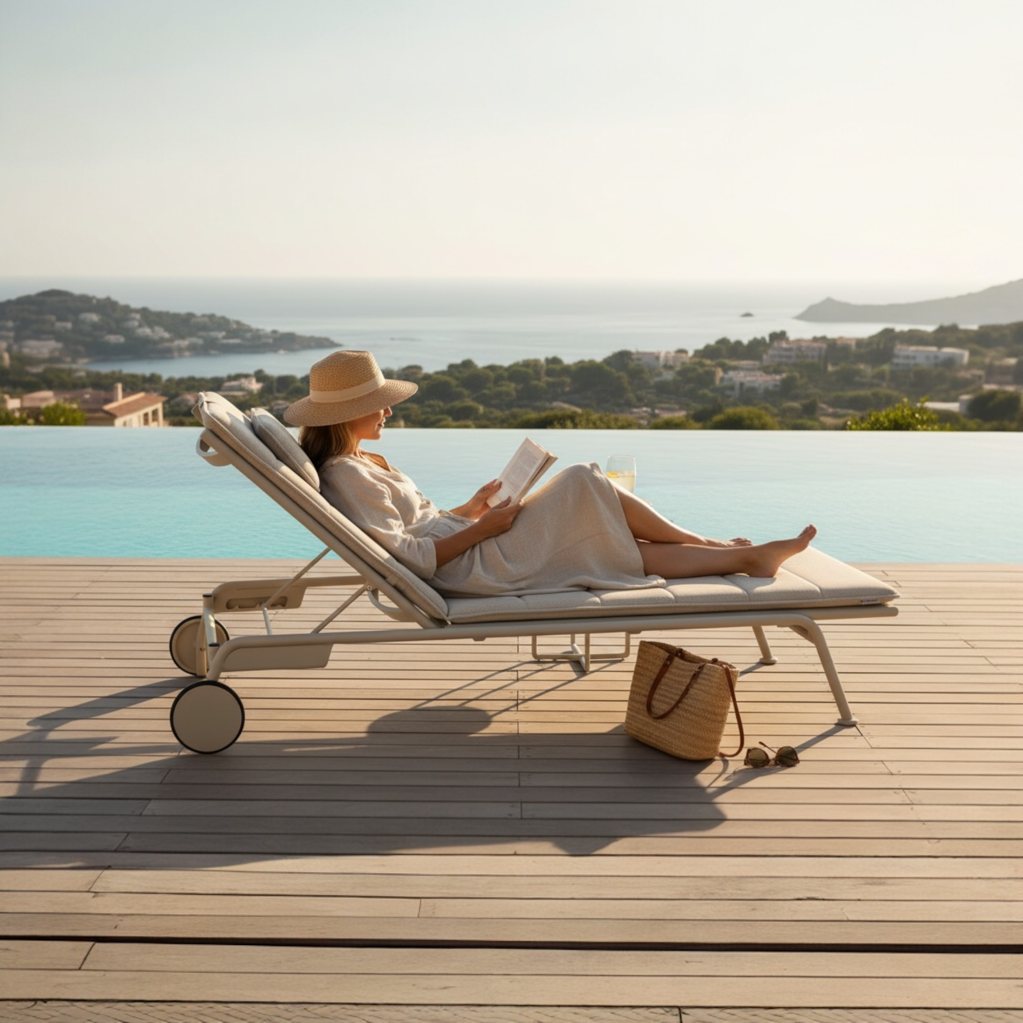 Bain de soleil Sunny beige en aluminium et textilène, design belge élégant, dossier réglable, roulettes, luxe méditerranéen.