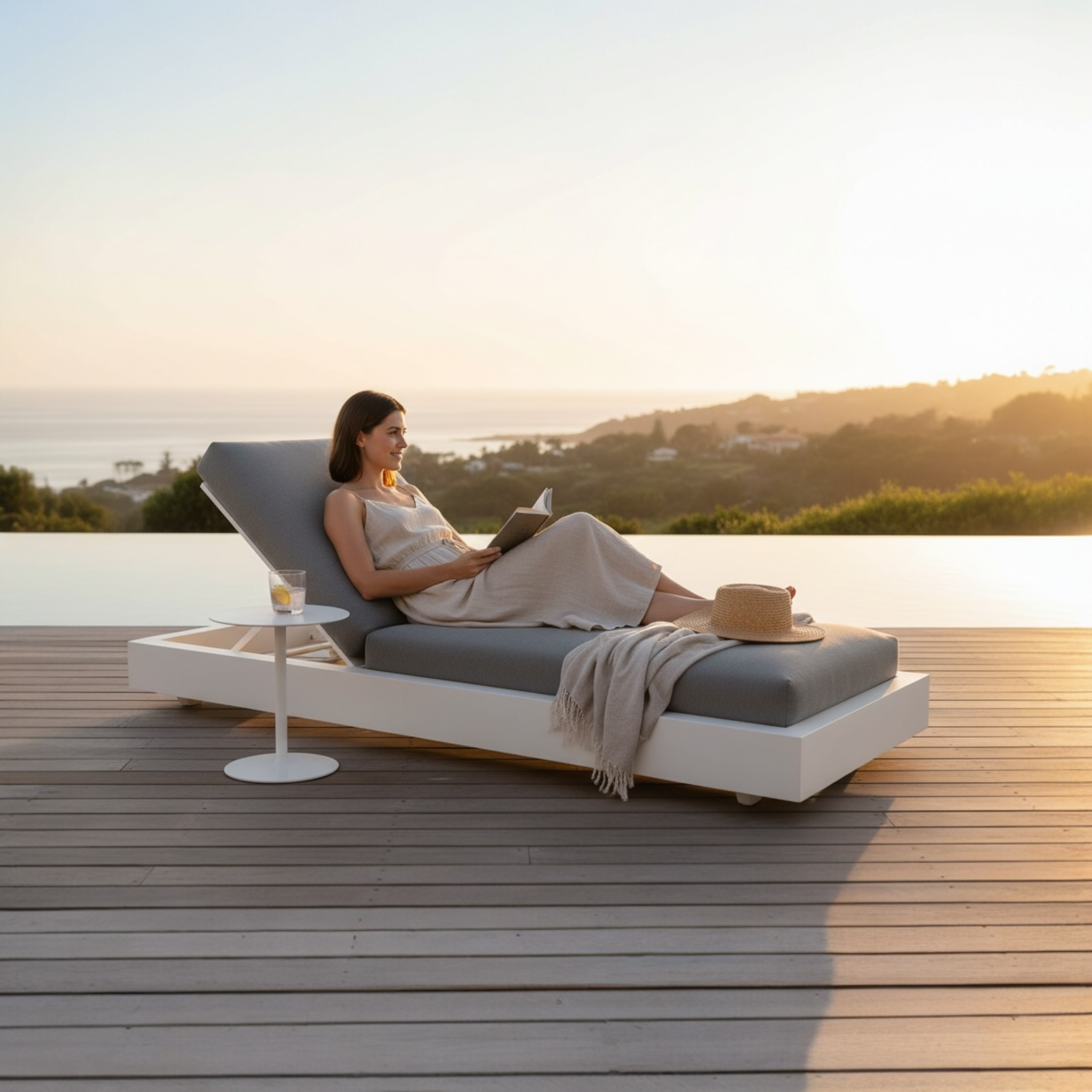 Bain de soleil luxe en aluminium haut de gamme avec coussin en tissu 100% oléfine déperlant et déhoussable, structure luxe. 