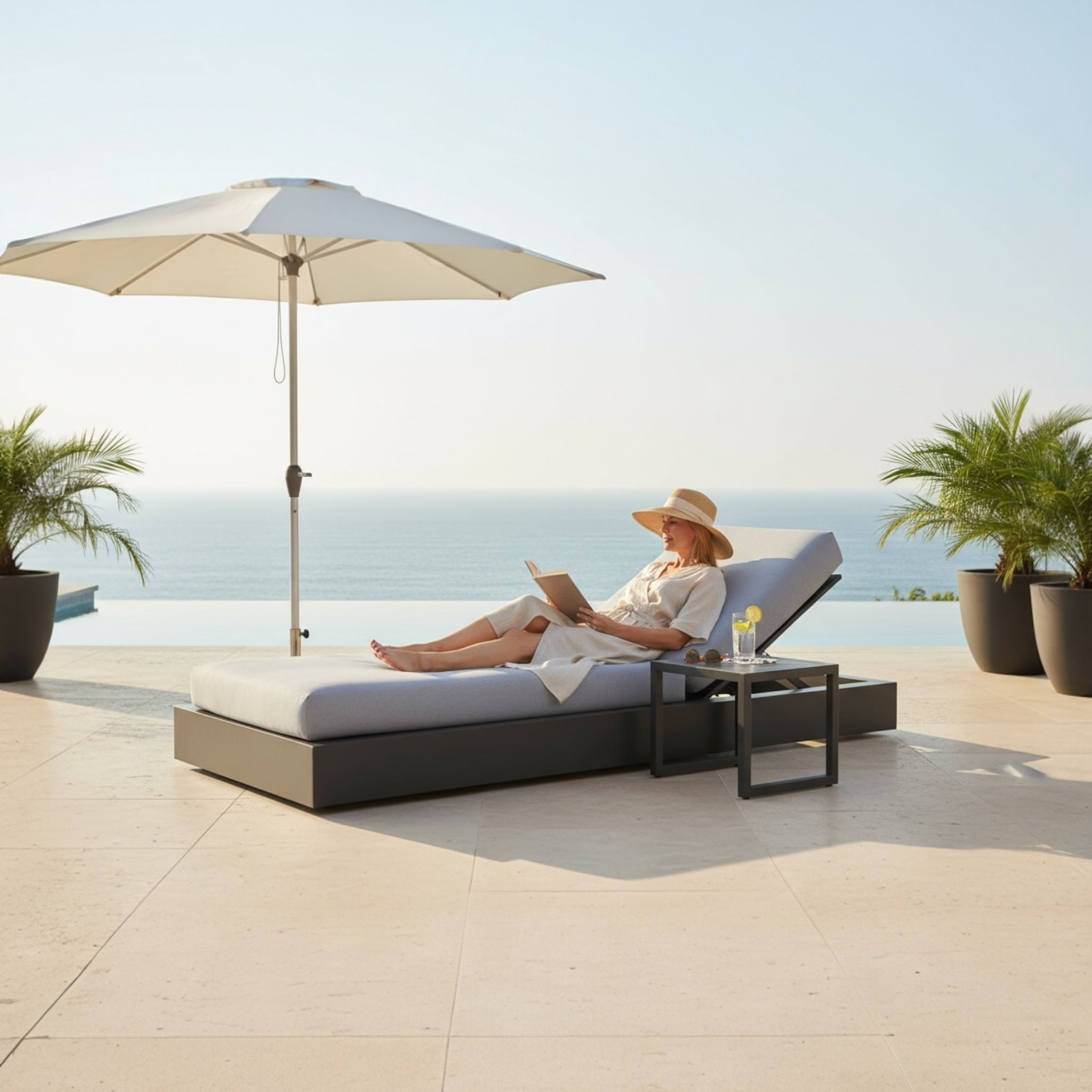 Bain de soleil luxe en aluminium haut de gamme noir avec tissu 100% oléfine, housse déperlante et déhoussable, structure.