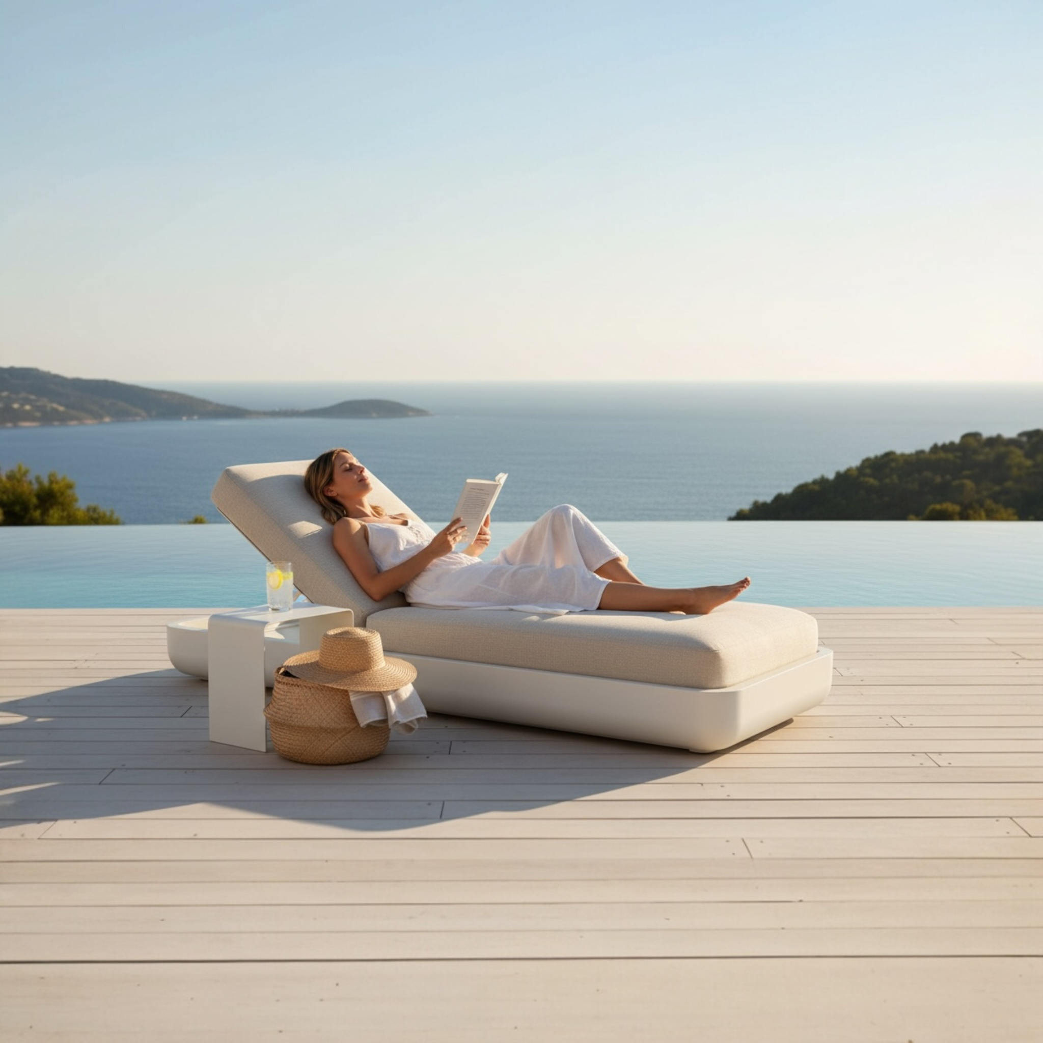 Bain de soleil en aluminium haut de gamme avec peinture époxy, structure généreuse et dossier réglable, coussin SUNPROOF. 