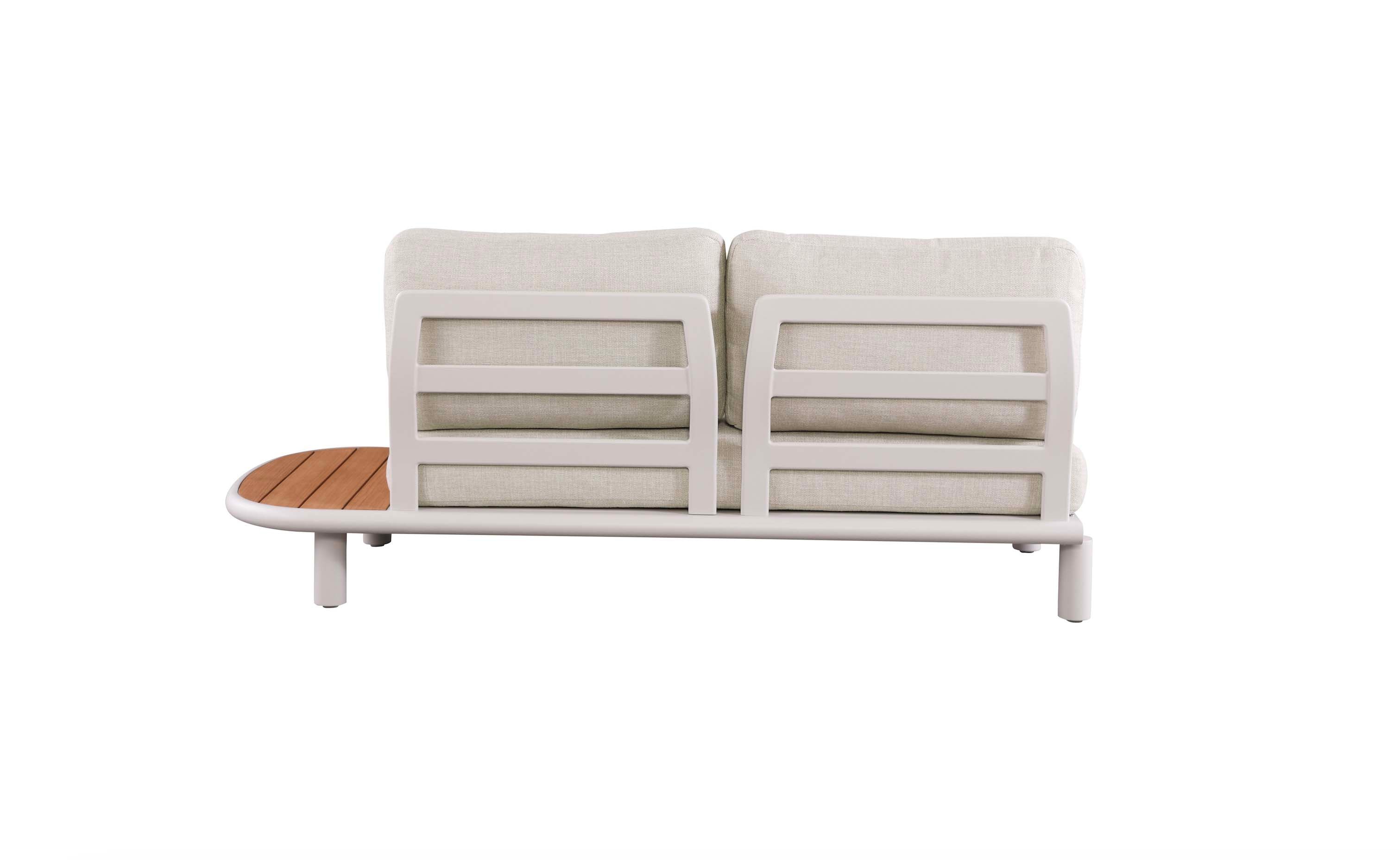 Salon de jardin d'angle en aluminium haut de gamme blanc avec coussins crème, structure courbée élégante en teck FSC. 