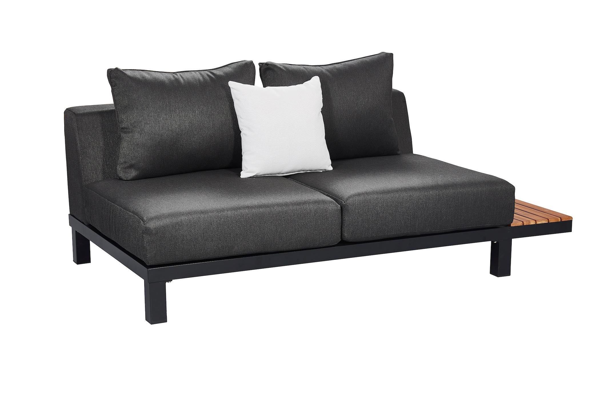 Banquette lounge en aluminium design noir avec assise et dossiers en tissu Oléfine 100% polypropylène gris foncé, coussins.