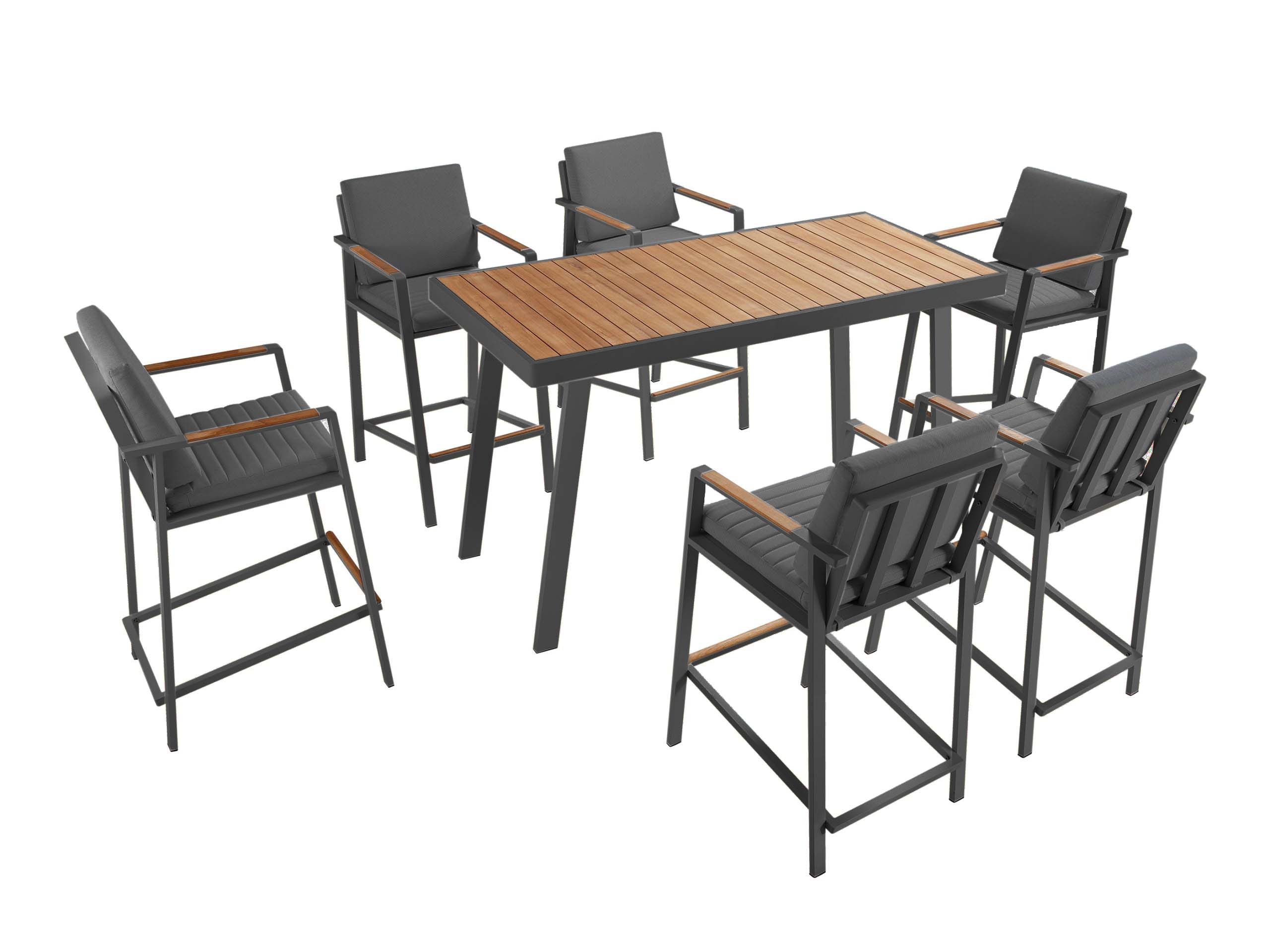Bar de jardin en aluminium haut de gamme noir et teck FSC, chaises avec tissu oléfine gris anthracite, housses déperlantes.