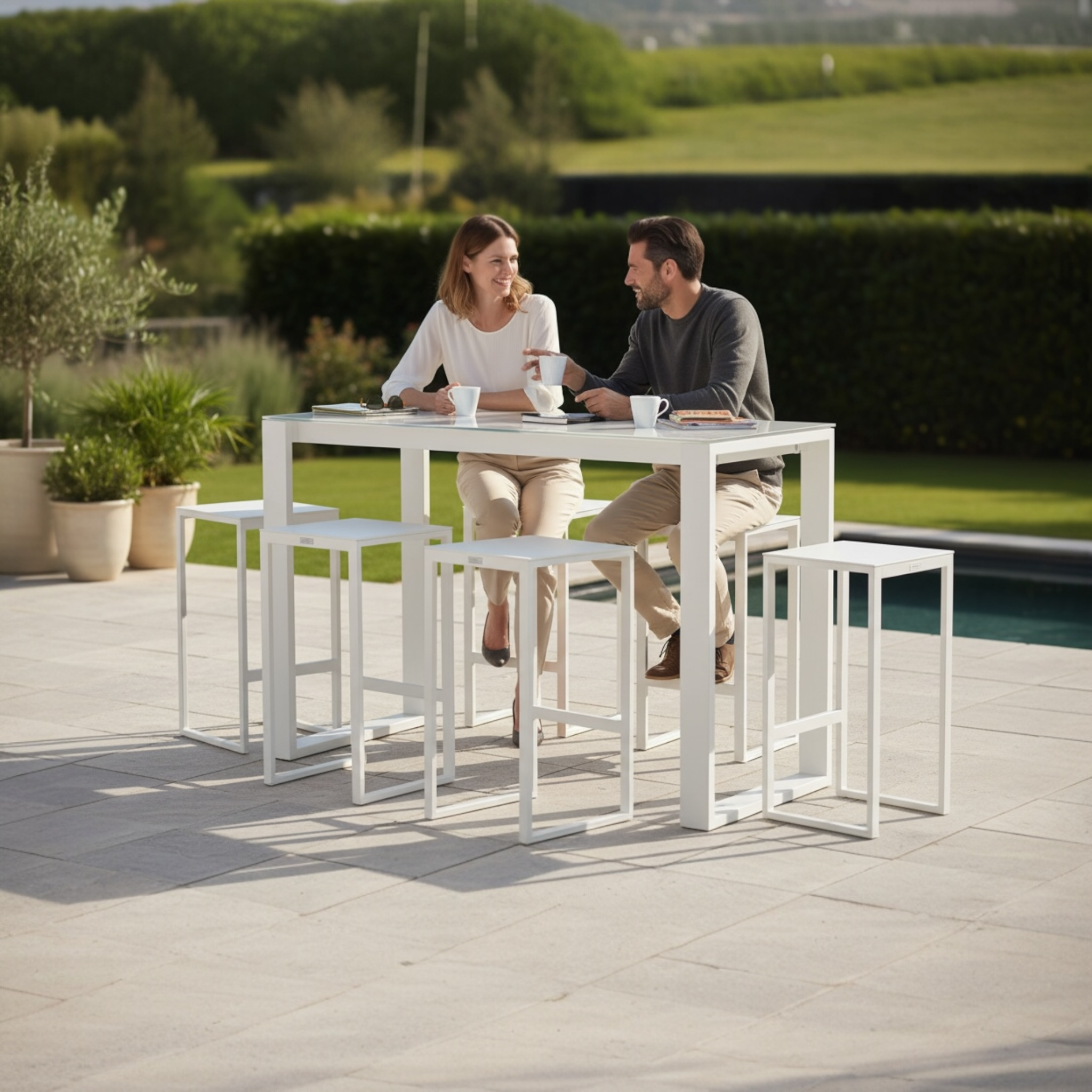 Ensemble Table Bar de jardin 6 personnes aluminium blanc - COMO BAR