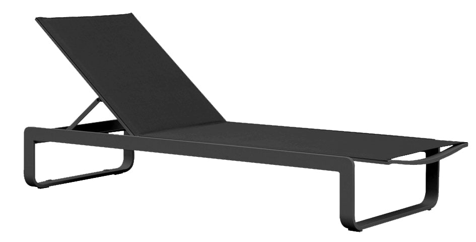 Lit de piscine design en aluminium haut de gamme noir avec textilène résistant, cadre élégant à peinture epoxy et roulettes.
