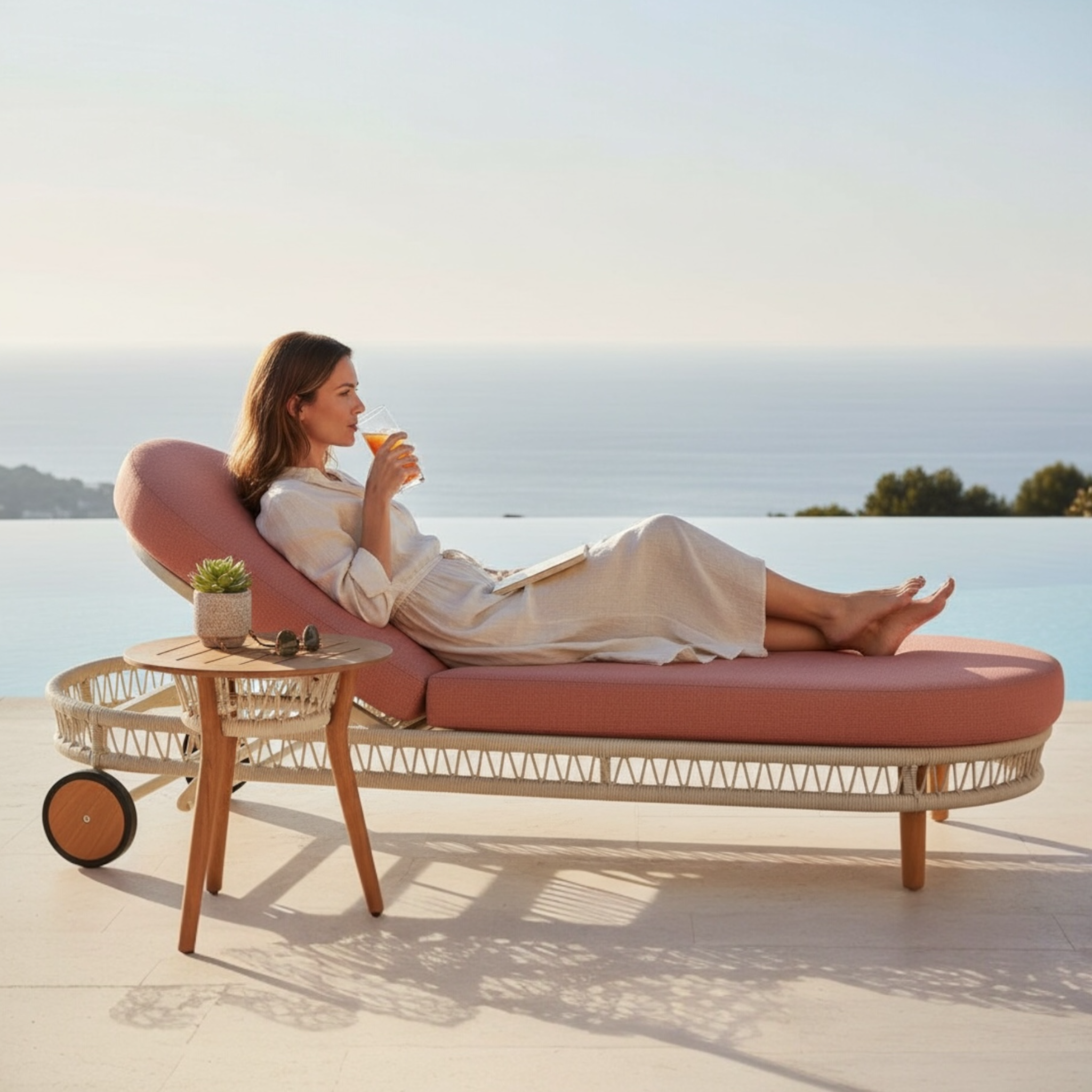 Transat de jardin en corde rose pastel avec coussin assorti