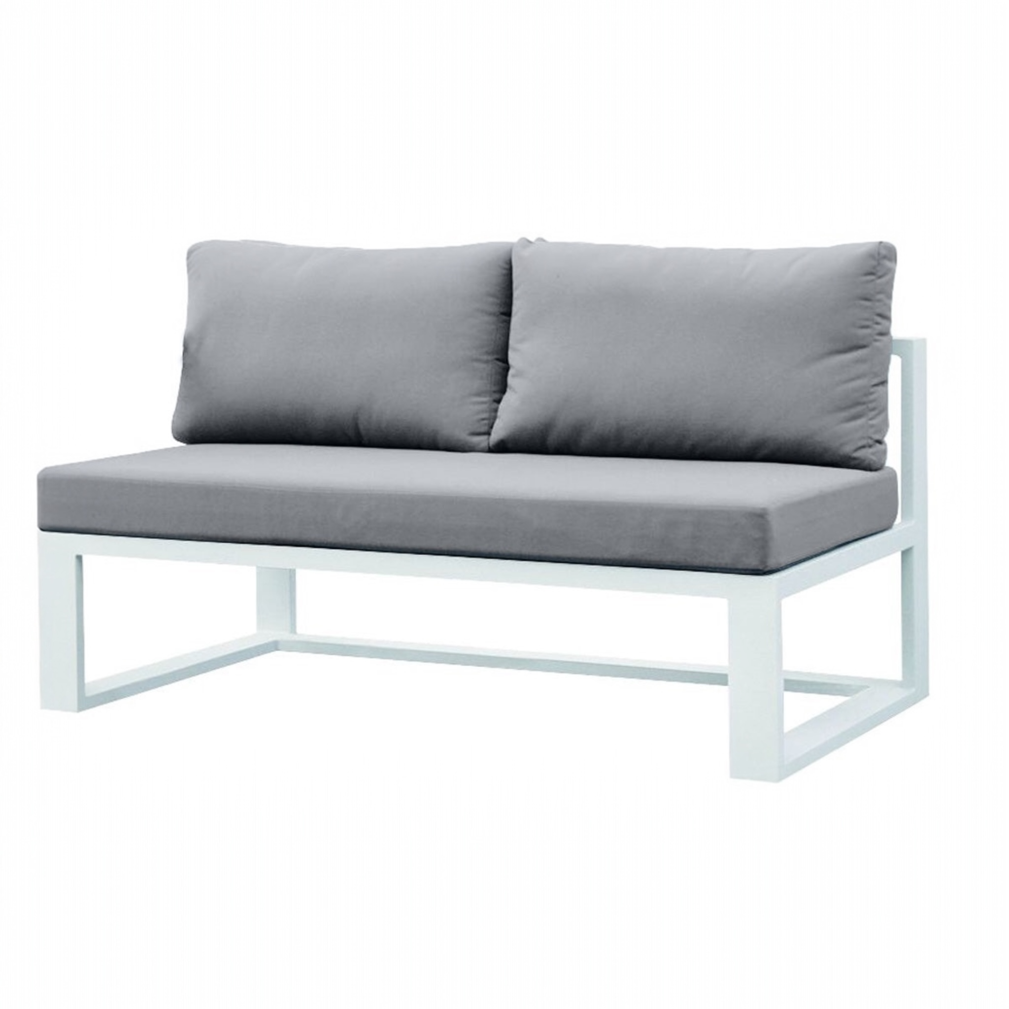 Banquette modulable haut de gamme en aluminium blanc mat avec coussins gris élégants, design minimaliste et durable. 