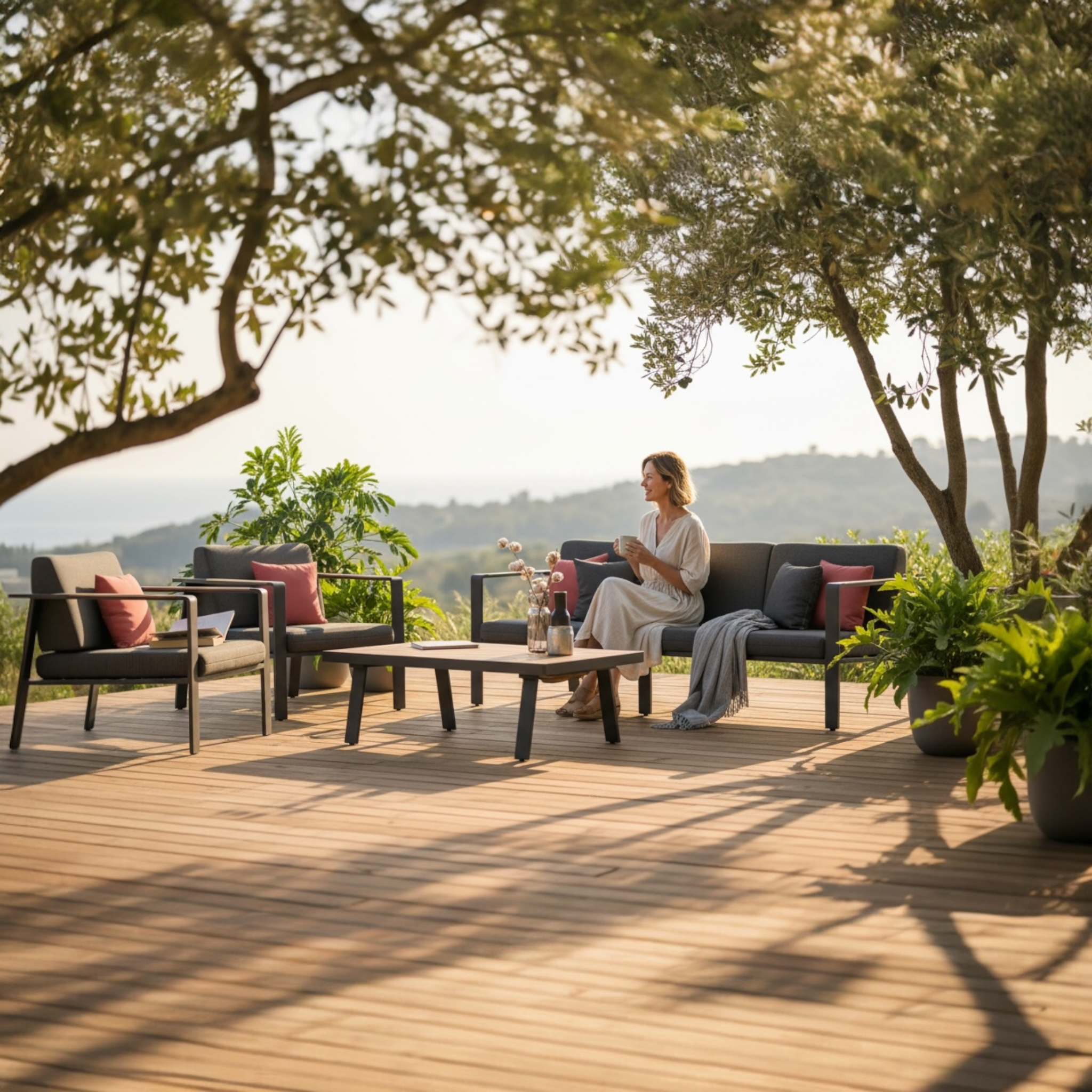 Salon de jardin en aluminium et en teck 5 places - NOFFY PLUS NOIR