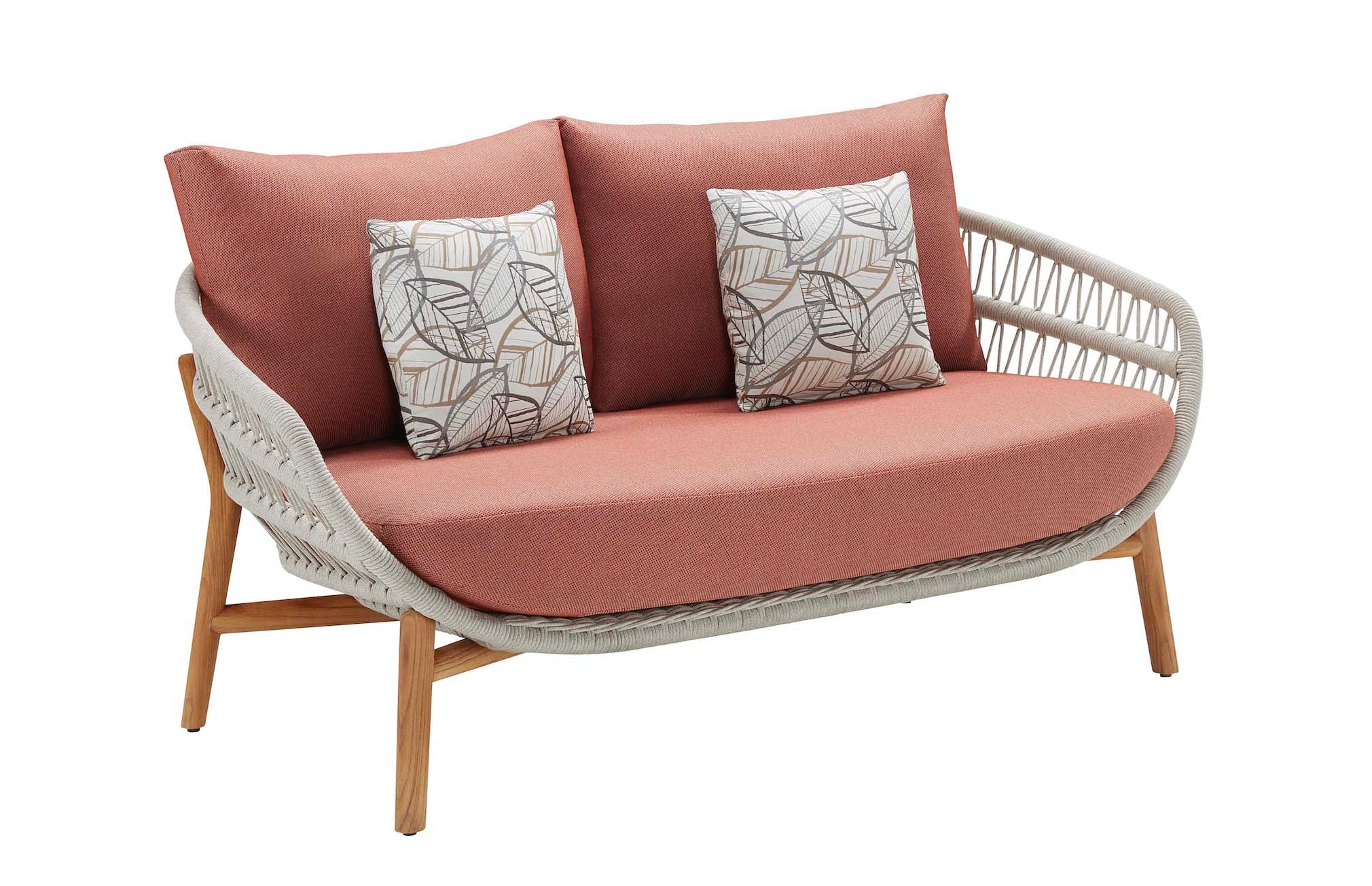 Canapé de jardin 2 places en teck FSC et corde tressée couleur rose, coussins déhoussables déperlants avec motifs élégants,.