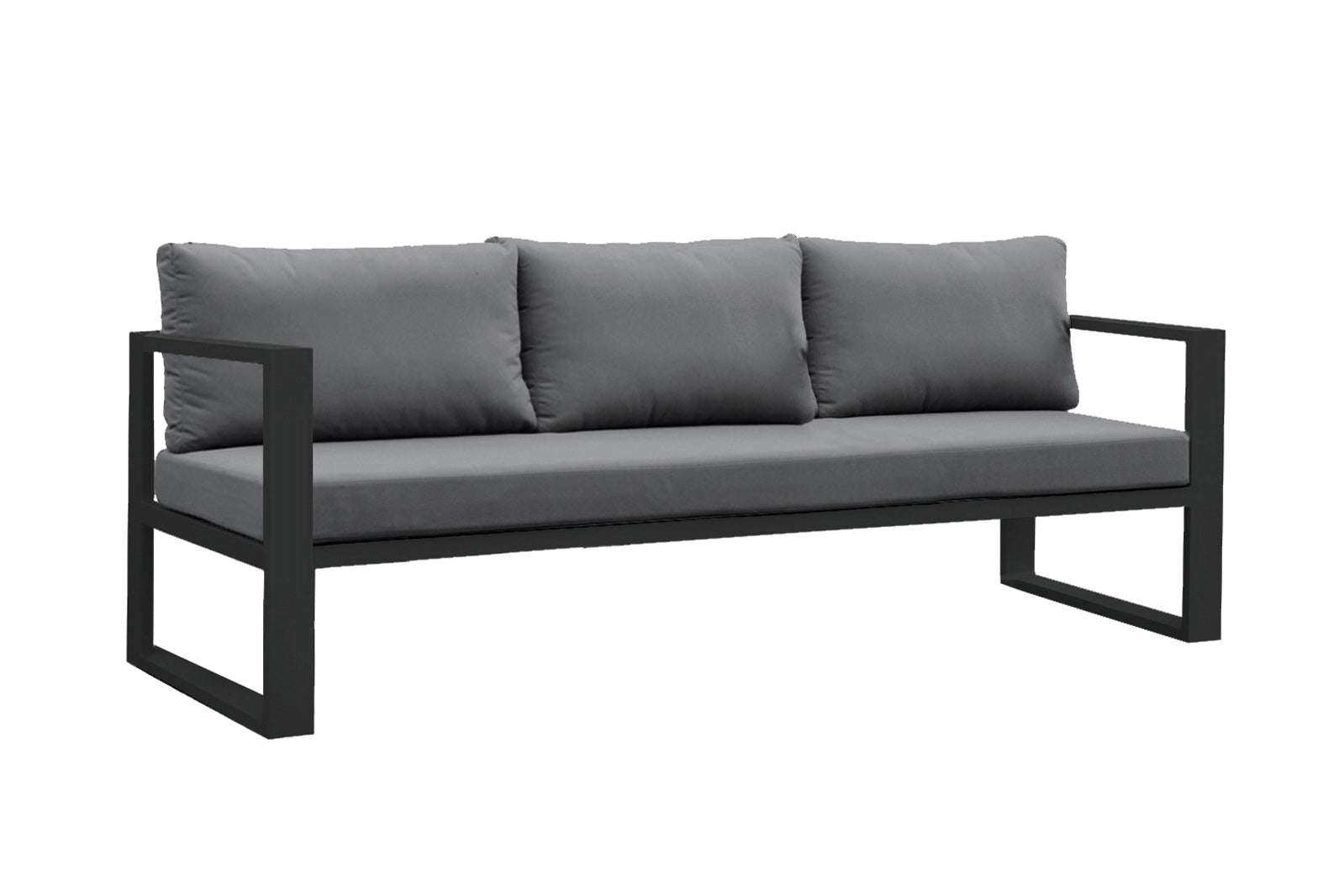 Canapé modulable en aluminium noir mat avec coussins gris épais, design haut de gamme et élégant, parfait pour un jardin.