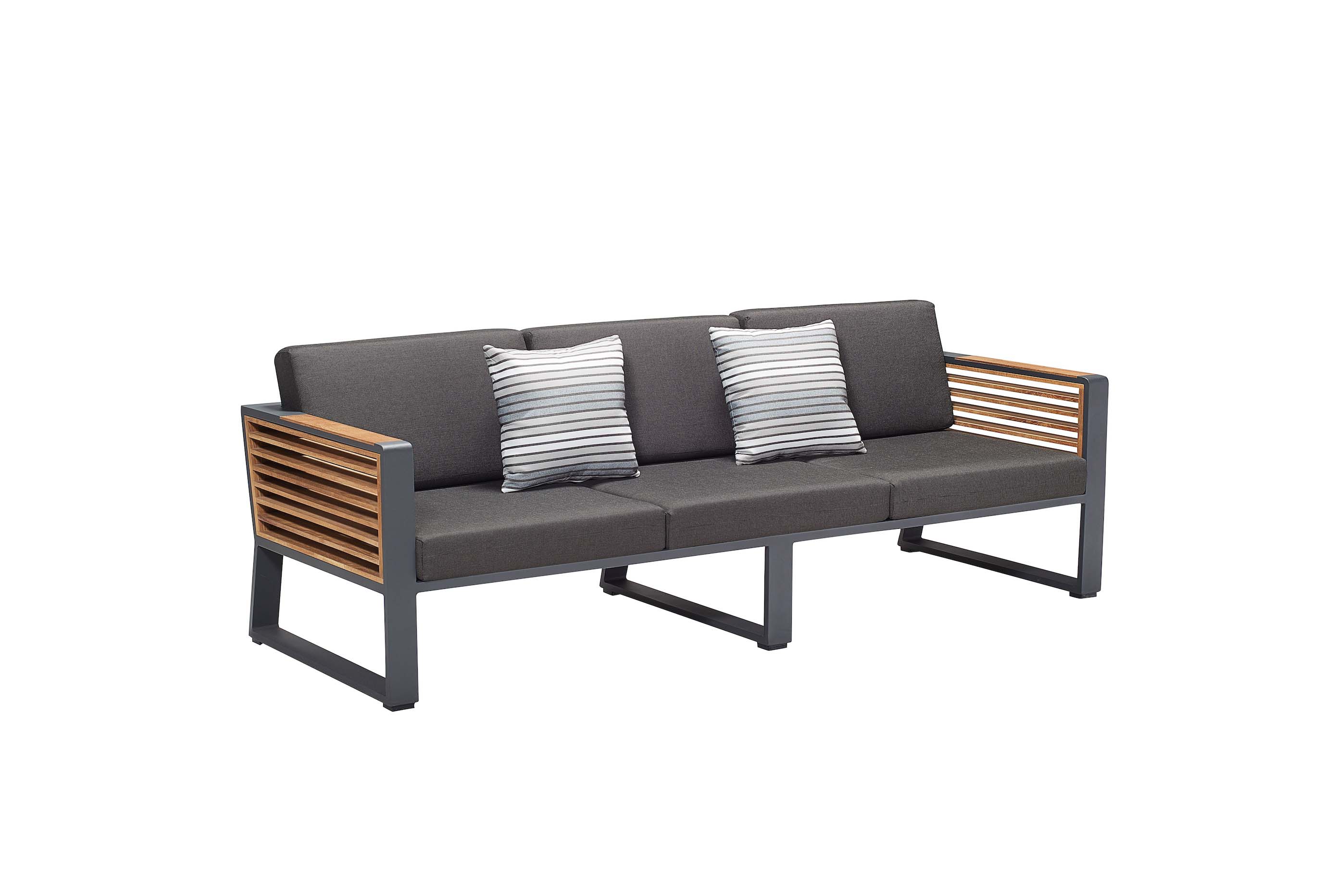 Canapé de jardin luxe 3 places en aluminium gris anthracite et accoudoirs en Teck FSC, coussins déhoussables en tissu 100% Oléfine.