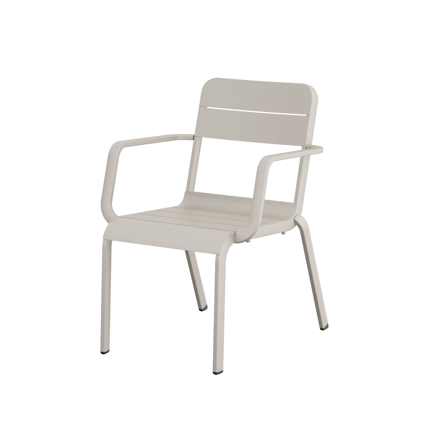 Fauteuil empilable en aluminium haut de gamme beige avec peinture époxy, design innovant et élégant aux lignes.