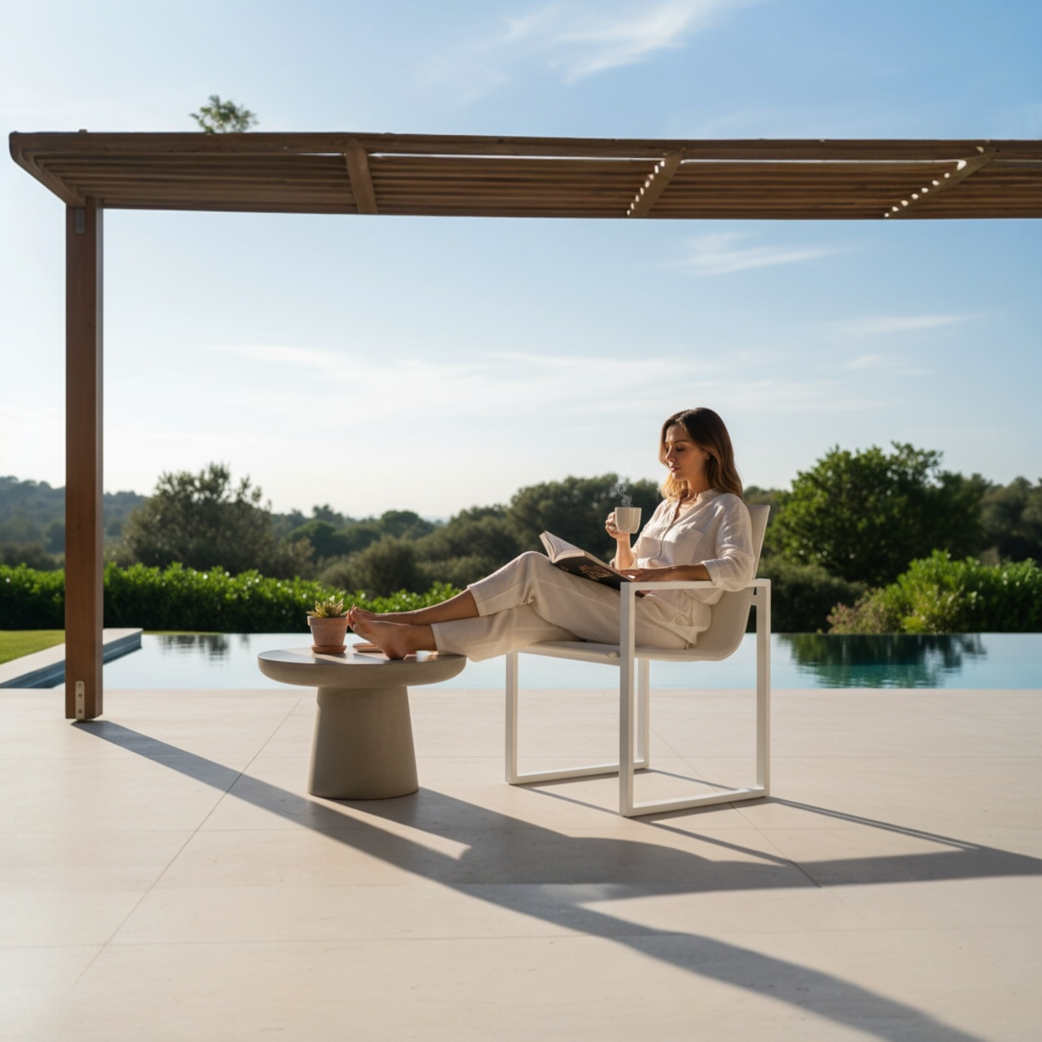 Chaise de jardin design en aluminium haut de gamme blanc avec housse déperlante et déhoussable en tissu 100% oléfine, posée.