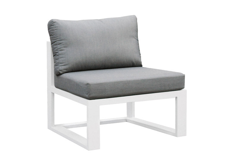 Fauteuil modulable BELLY XL en aluminium blanc mat, coussins gris épais, design haut de gamme, élégant et durable, idéal.