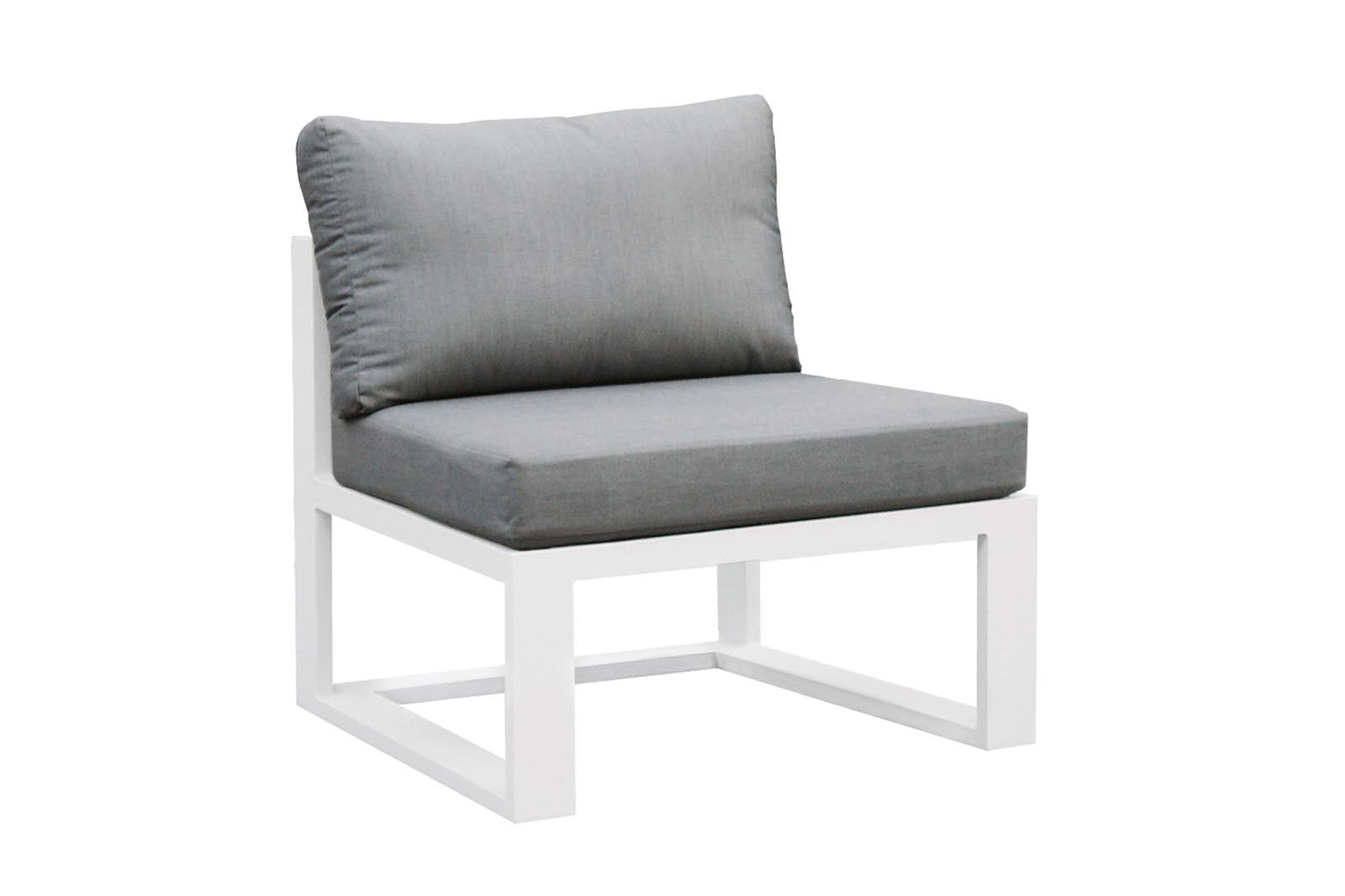 Fauteuil modulable haut de gamme en aluminium blanc avec coussins gris, design épuré et élégant, idéal pour jardin extérieur. 