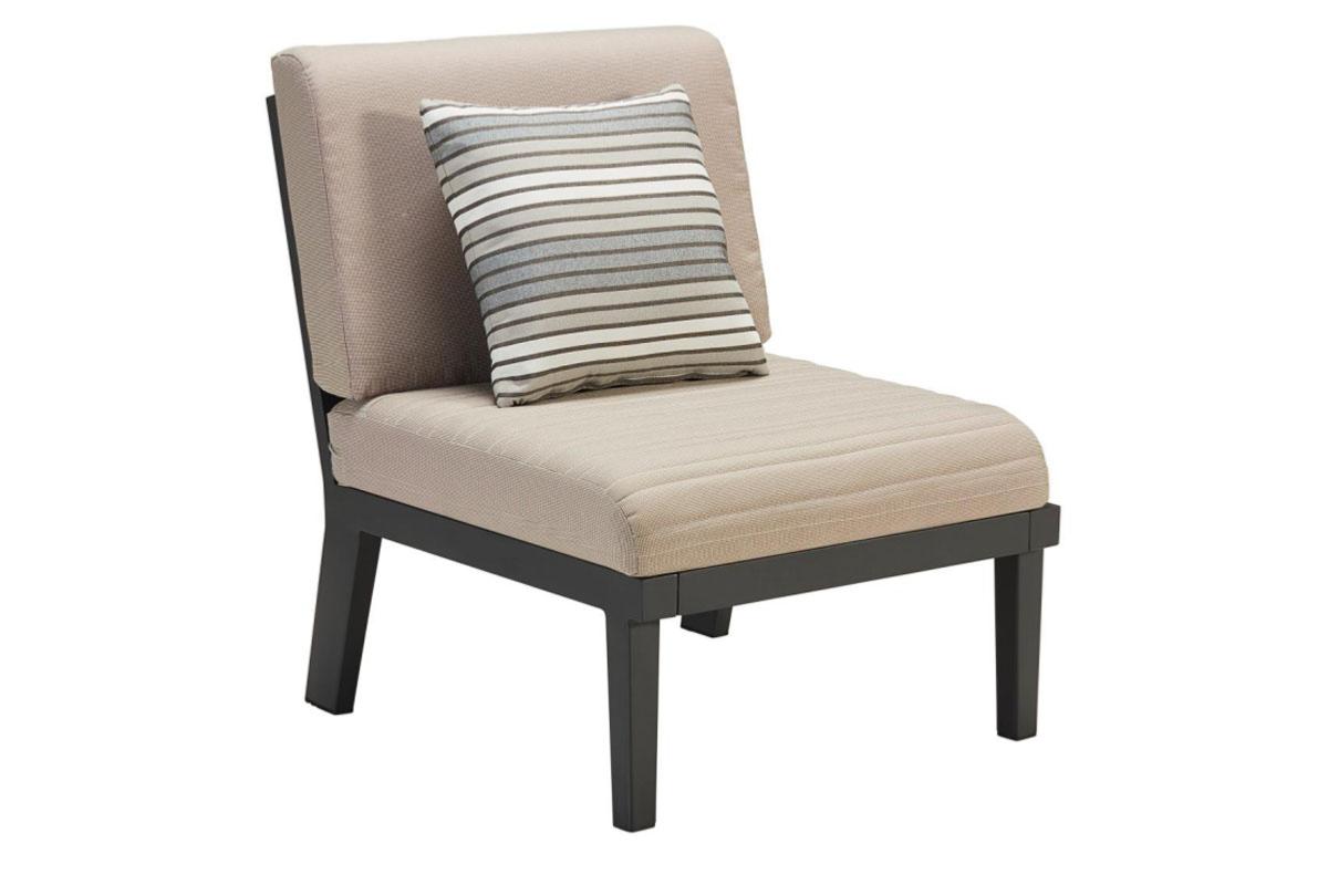 Fauteuil d'angle en aluminium haut de gamme gris foncé, coussins beige en tissu oléfine, housse déperlante et déhoussable. 